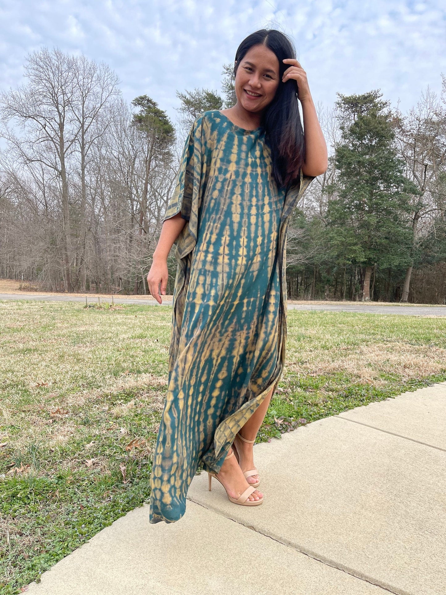 MALA handworks Mia Boat Neck Kaftan in Green and Yellow Tie Dye