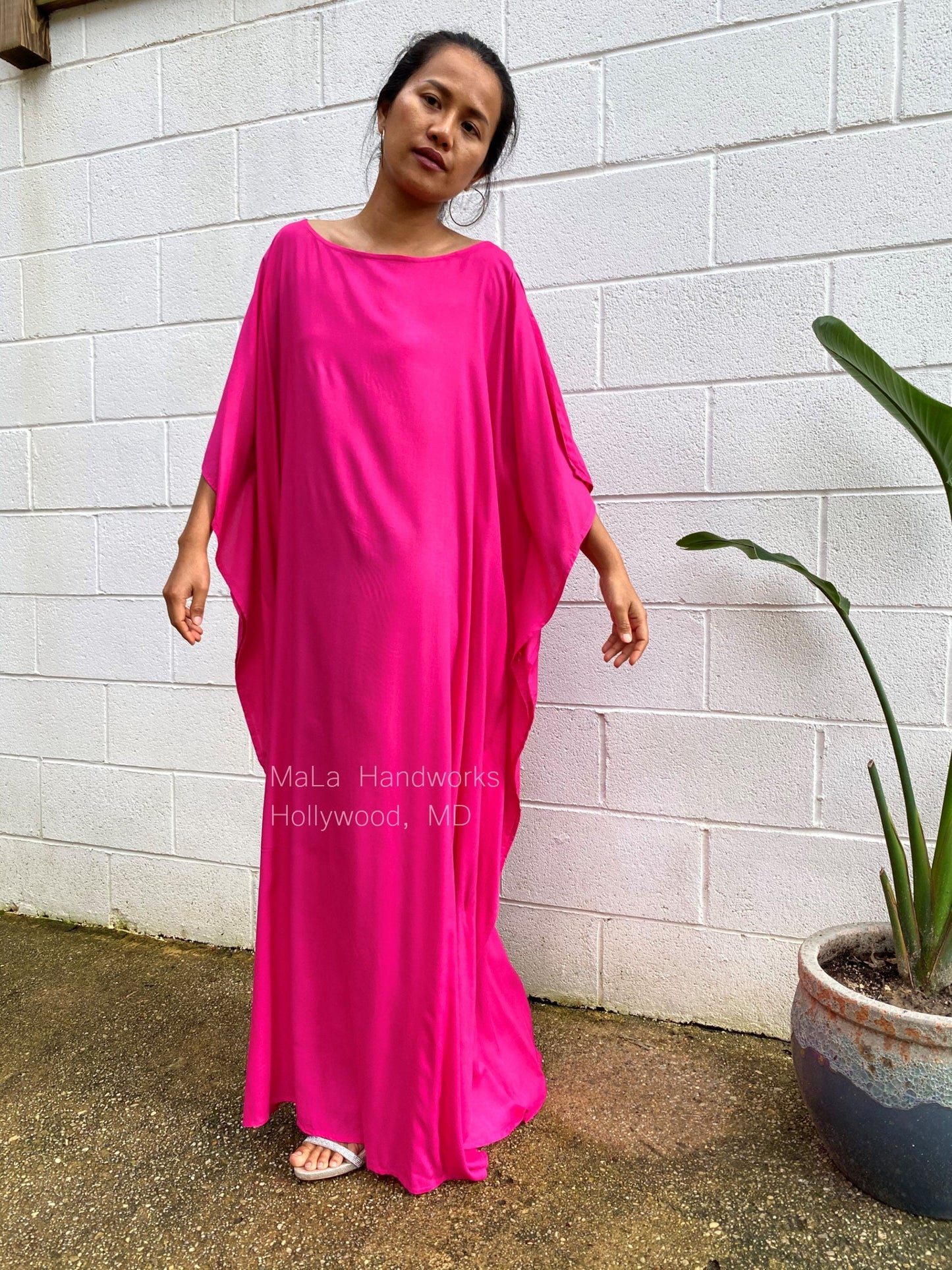 MALA handworks Mia Boat Neck Kaftan in Pink Fuchsia