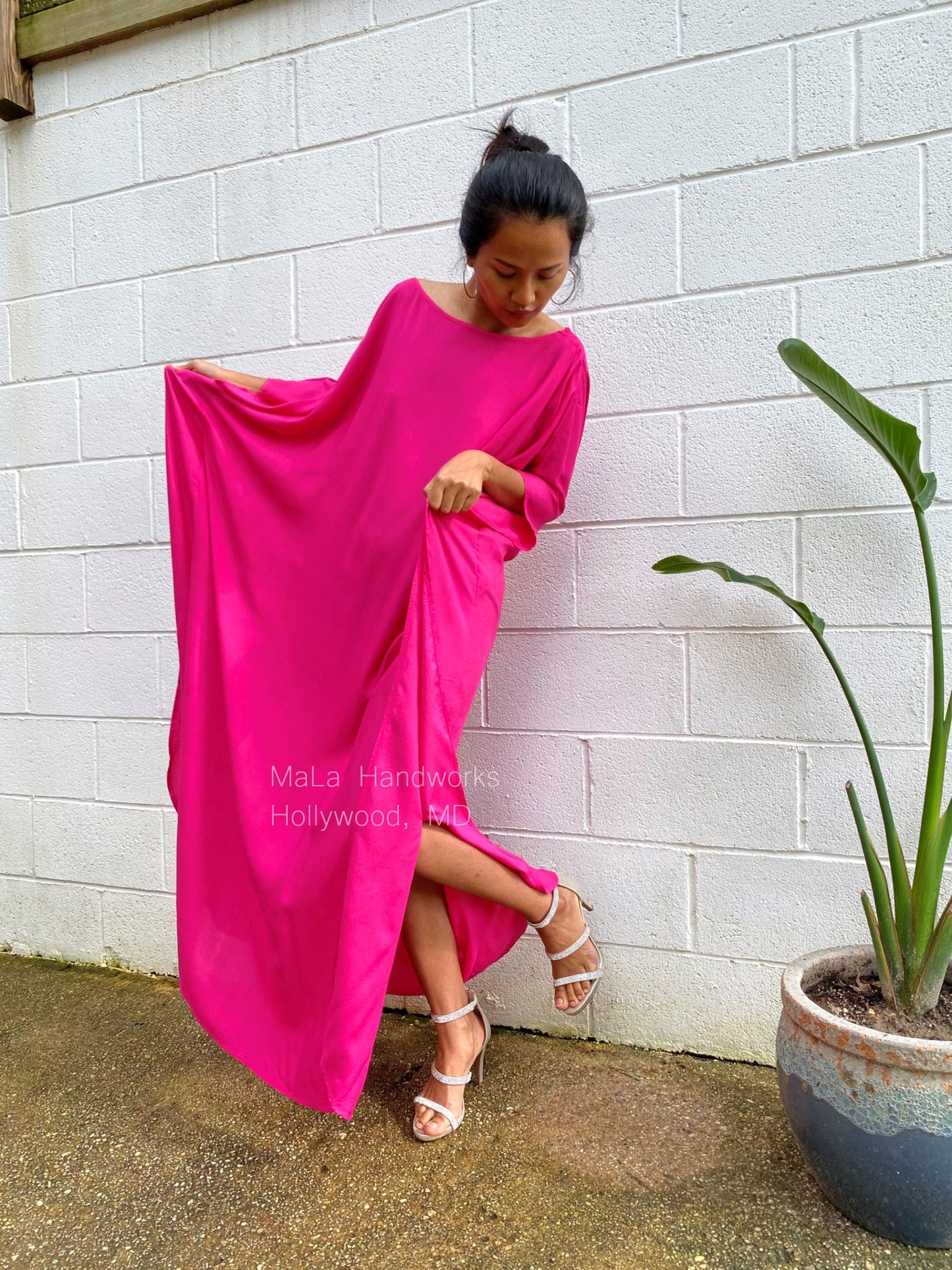 MALA handworks Mia Boat Neck Kaftan in Pink Fuchsia