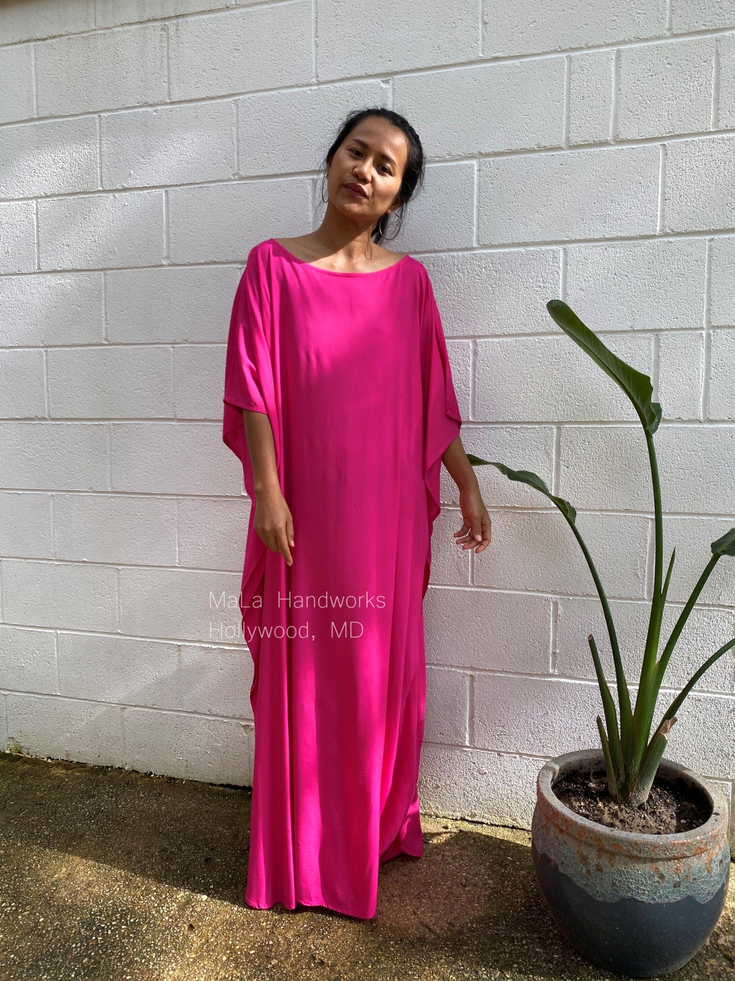 MALA handworks Mia Boat Neck Kaftan in Pink Fuchsia