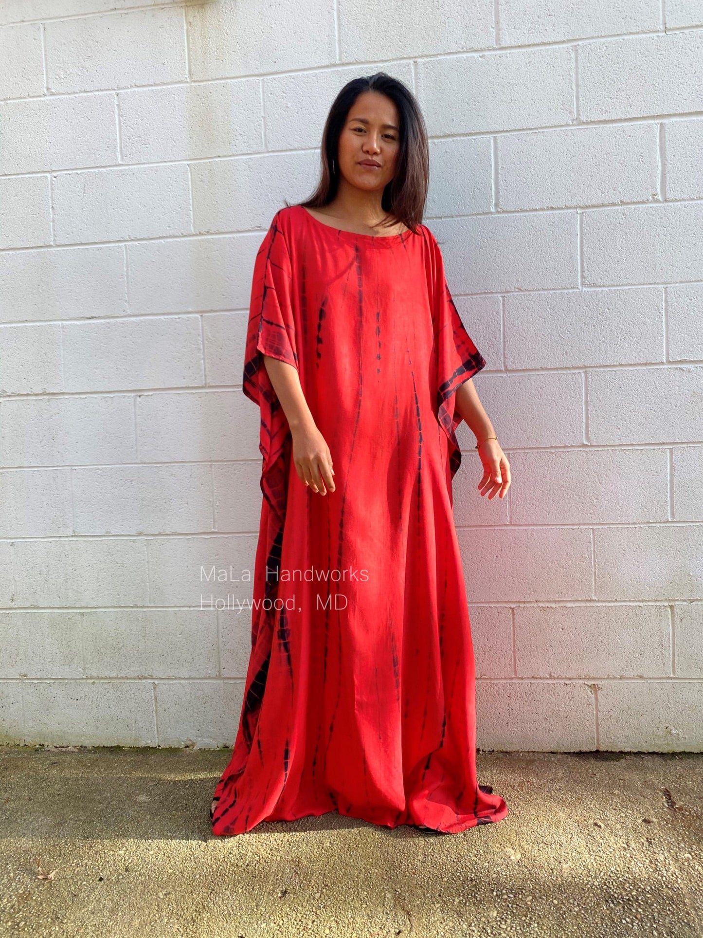 MALA handworks Mia Boat Neck Kaftan in Red and Black Tie Dye