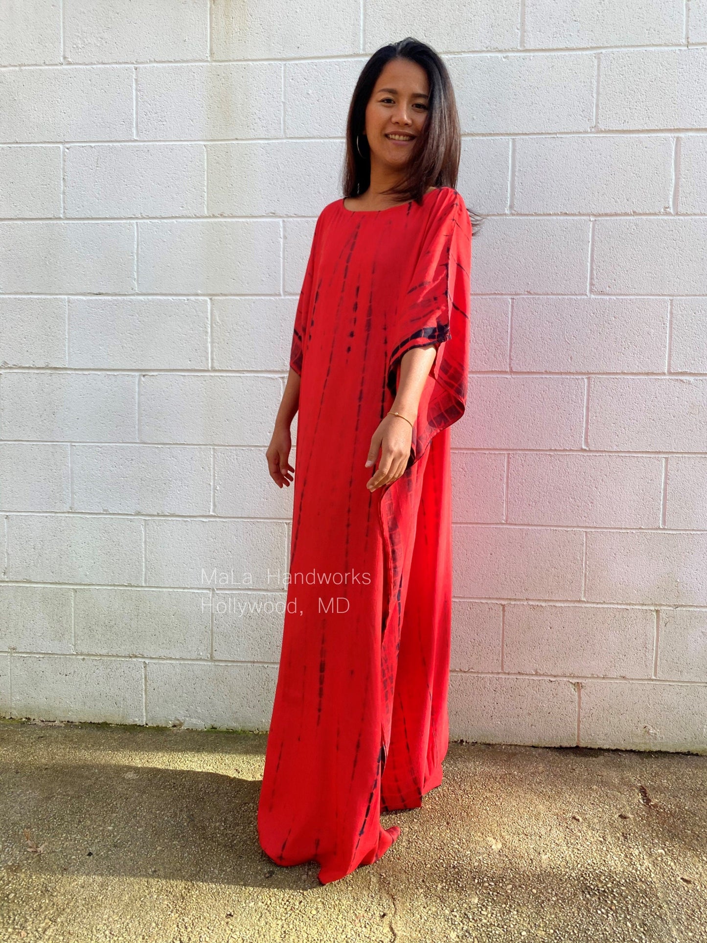 MALA handworks Mia Boat Neck Kaftan in Red and Black Tie Dye