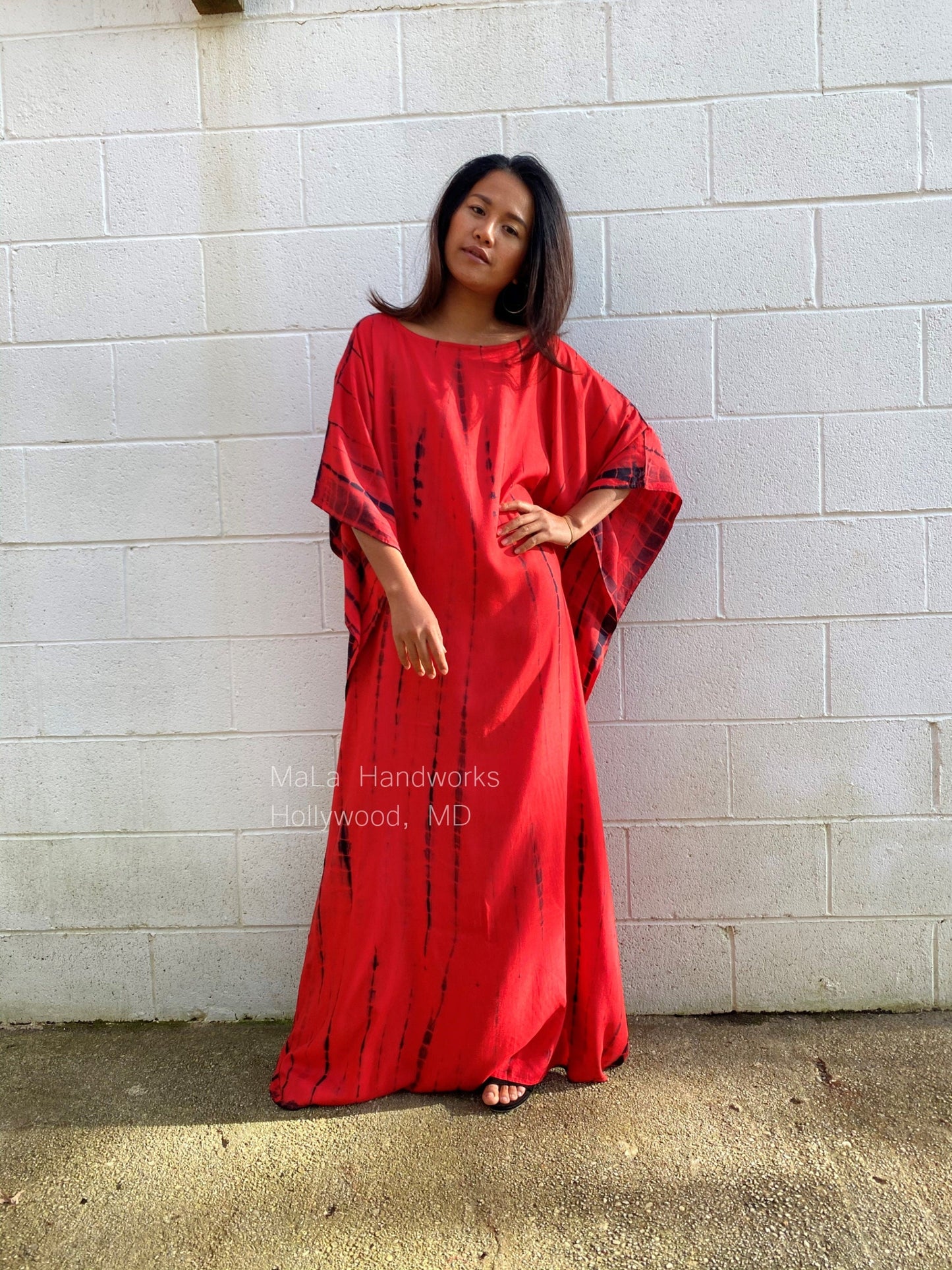MALA handworks Mia Boat Neck Kaftan in Red and Black Tie Dye