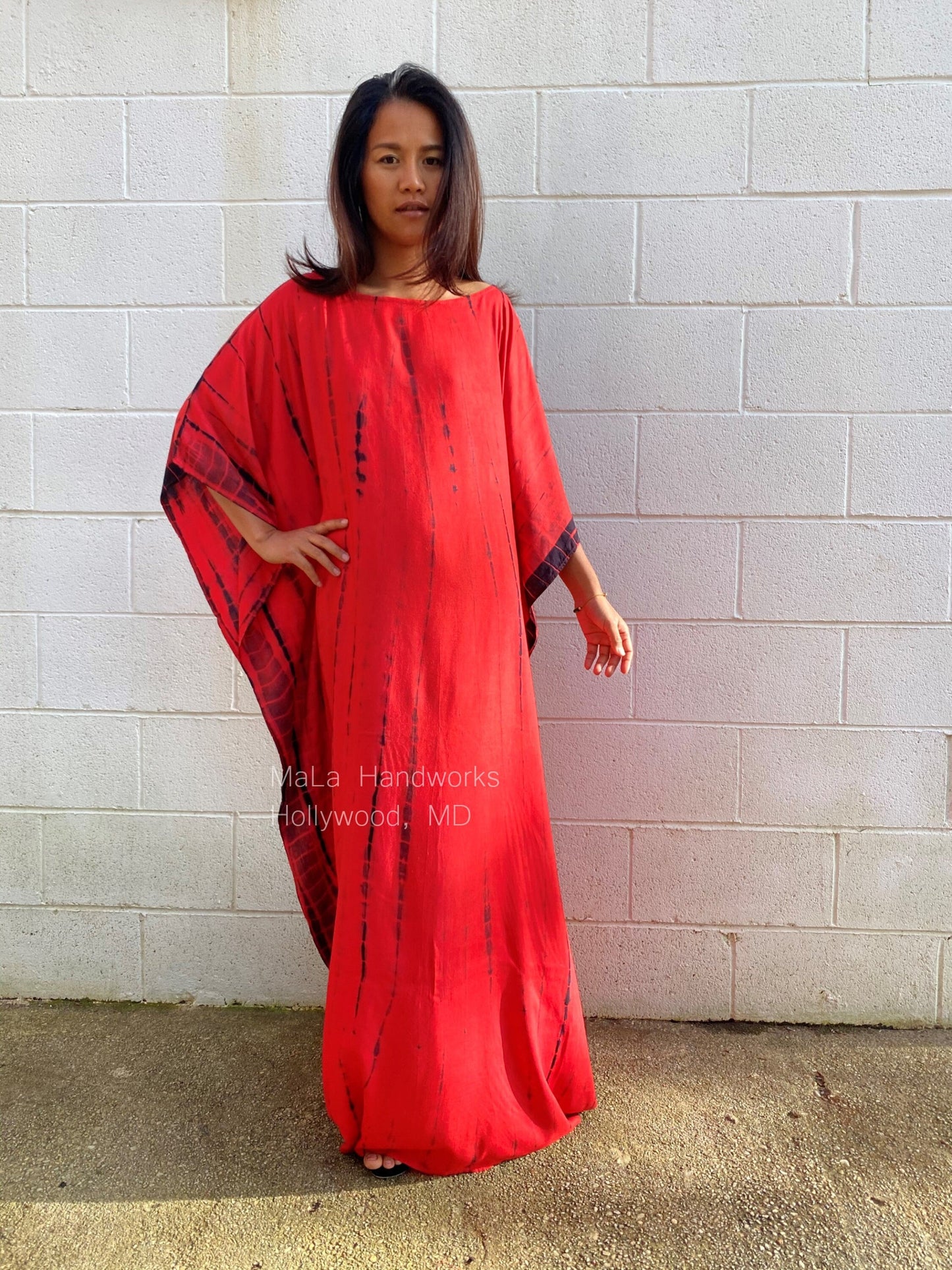 MALA handworks Mia Boat Neck Kaftan in Red and Black Tie Dye
