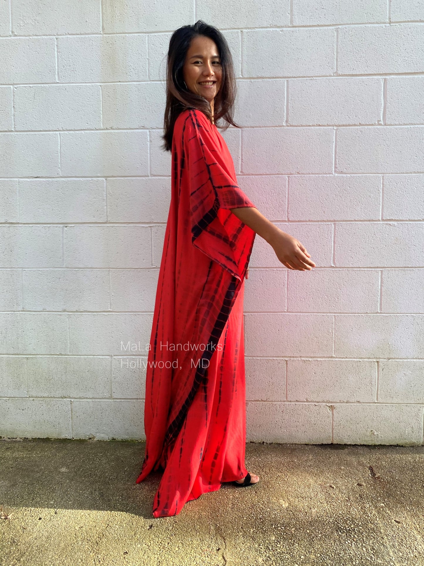 MALA handworks Mia Boat Neck Kaftan in Red and Black Tie Dye