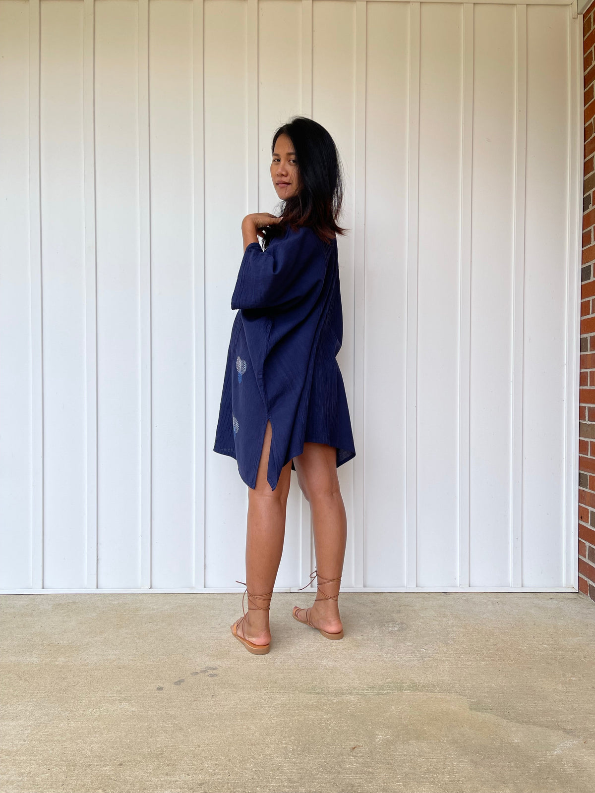 MALA handworks Miyu Midi Dress in Blue and Hand Embroidery