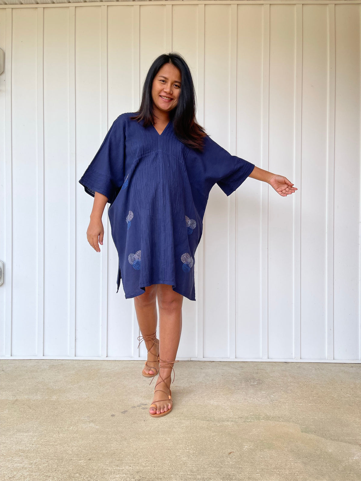 MALA handworks Miyu Midi Dress in Blue and Hand Embroidery