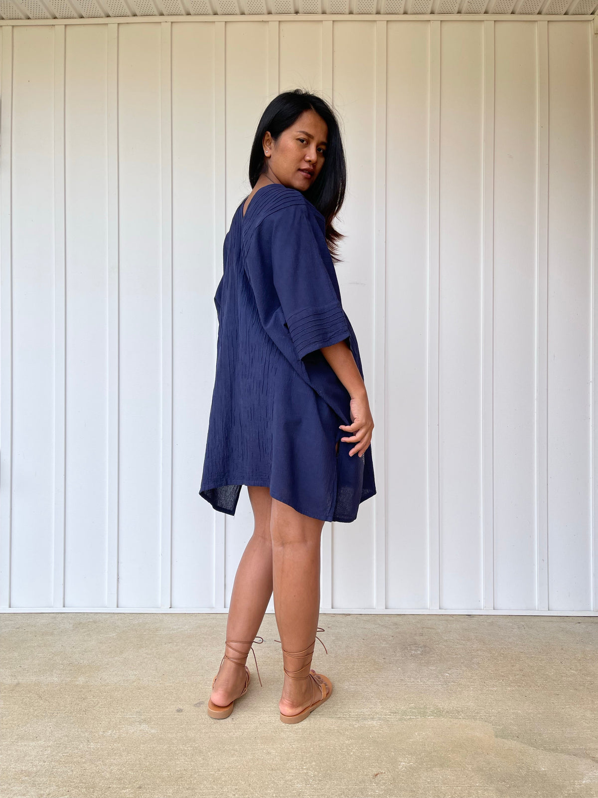 MALA handworks Miyu Midi Dress in Blue and Hand Embroidery