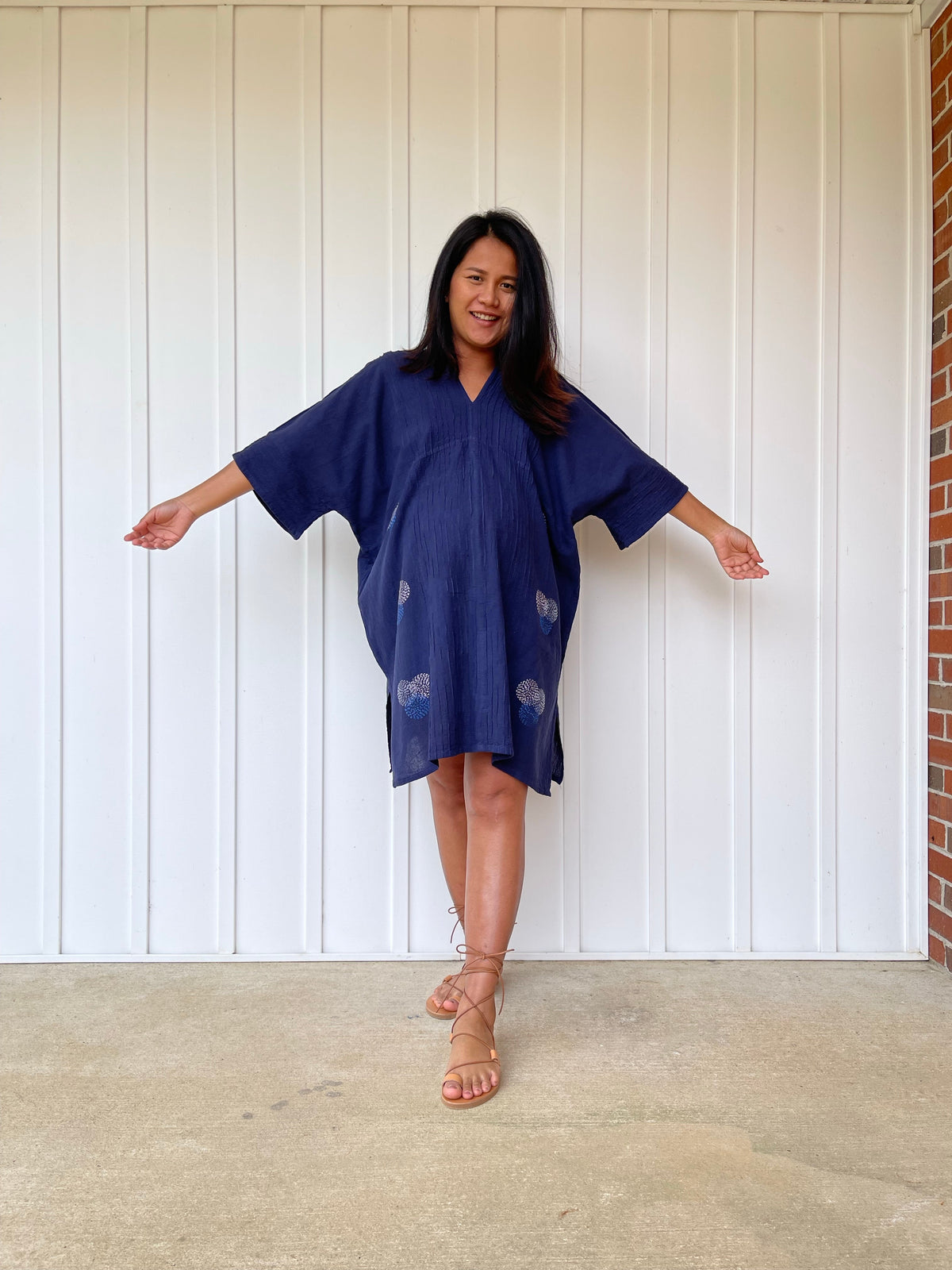 MALA handworks Miyu Midi Dress in Blue and Hand Embroidery