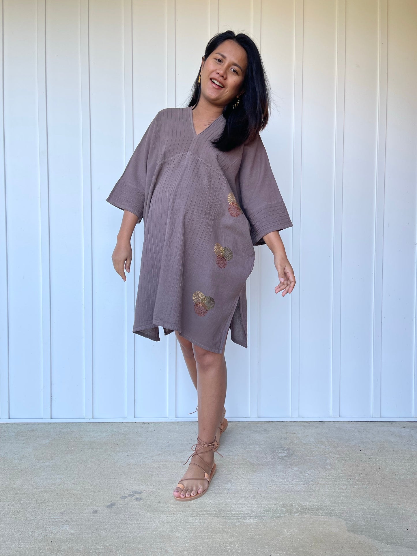 MALA handworks Miyu Midi Dress in Earthy Gray and Hand Embroidery