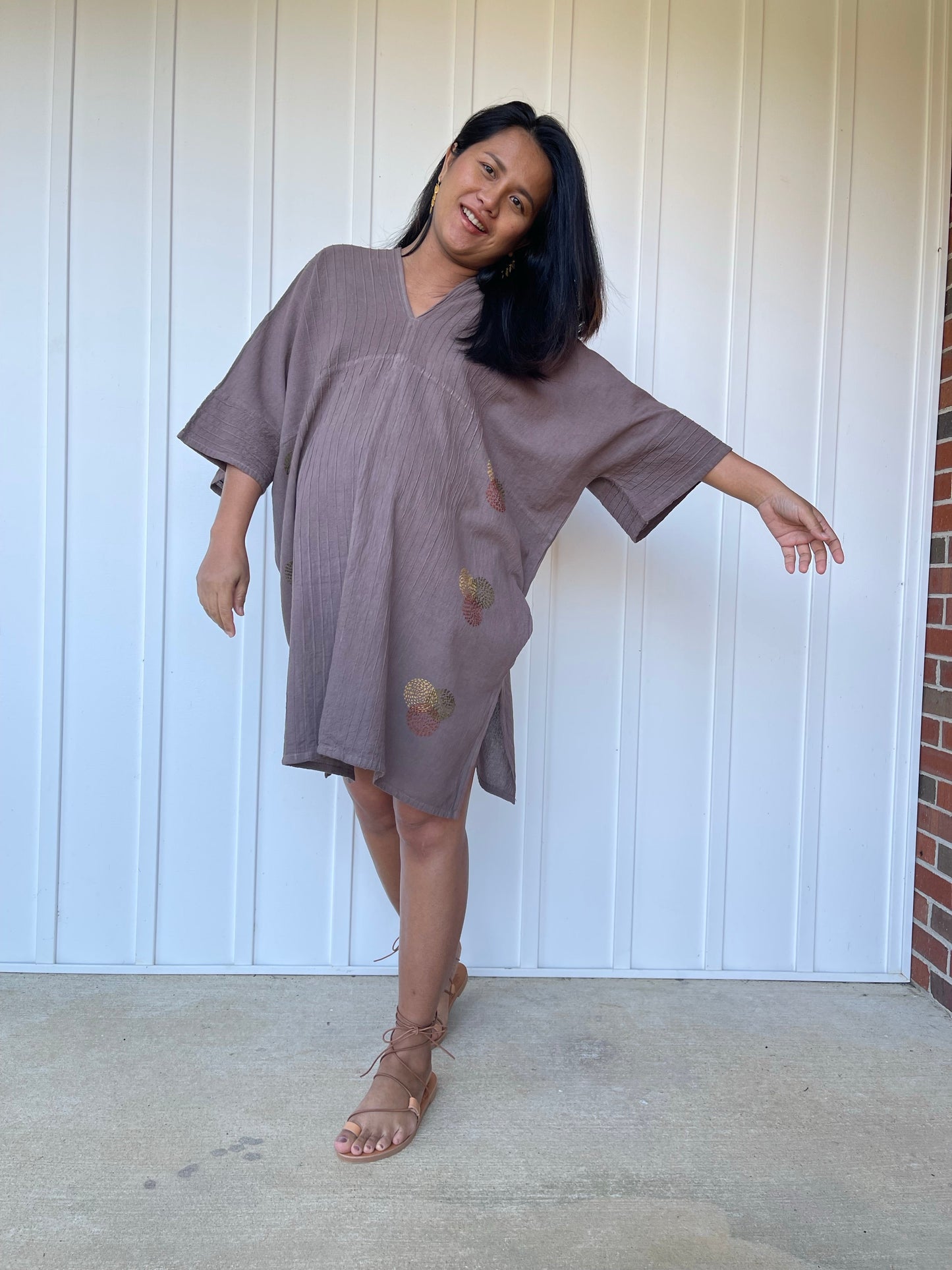 MALA handworks Miyu Midi Dress in Earthy Gray and Hand Embroidery