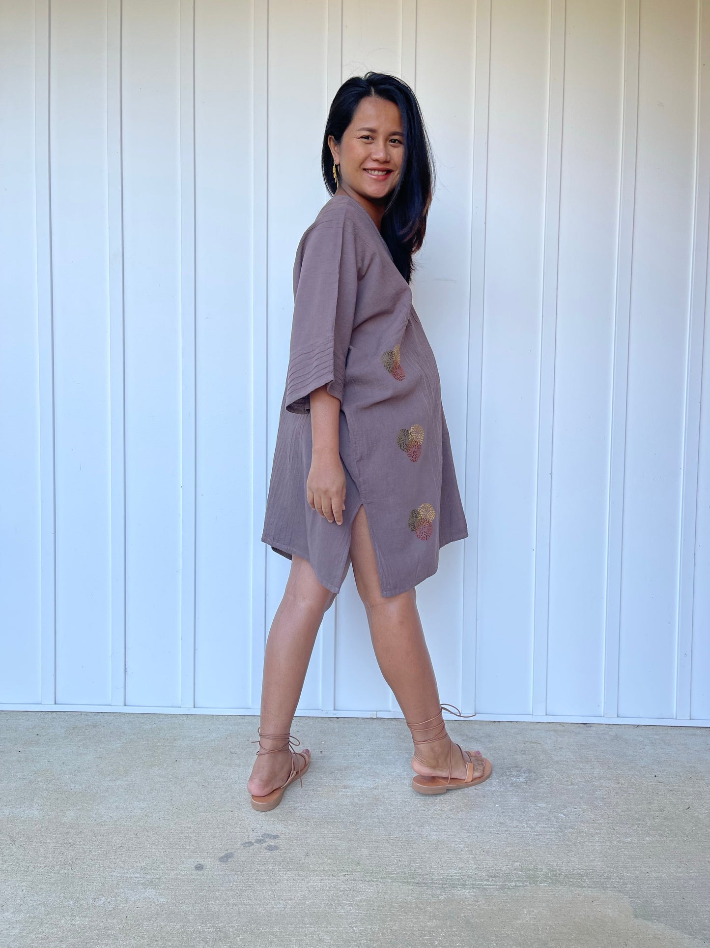 MALA handworks Miyu Midi Dress in Earthy Gray and Hand Embroidery