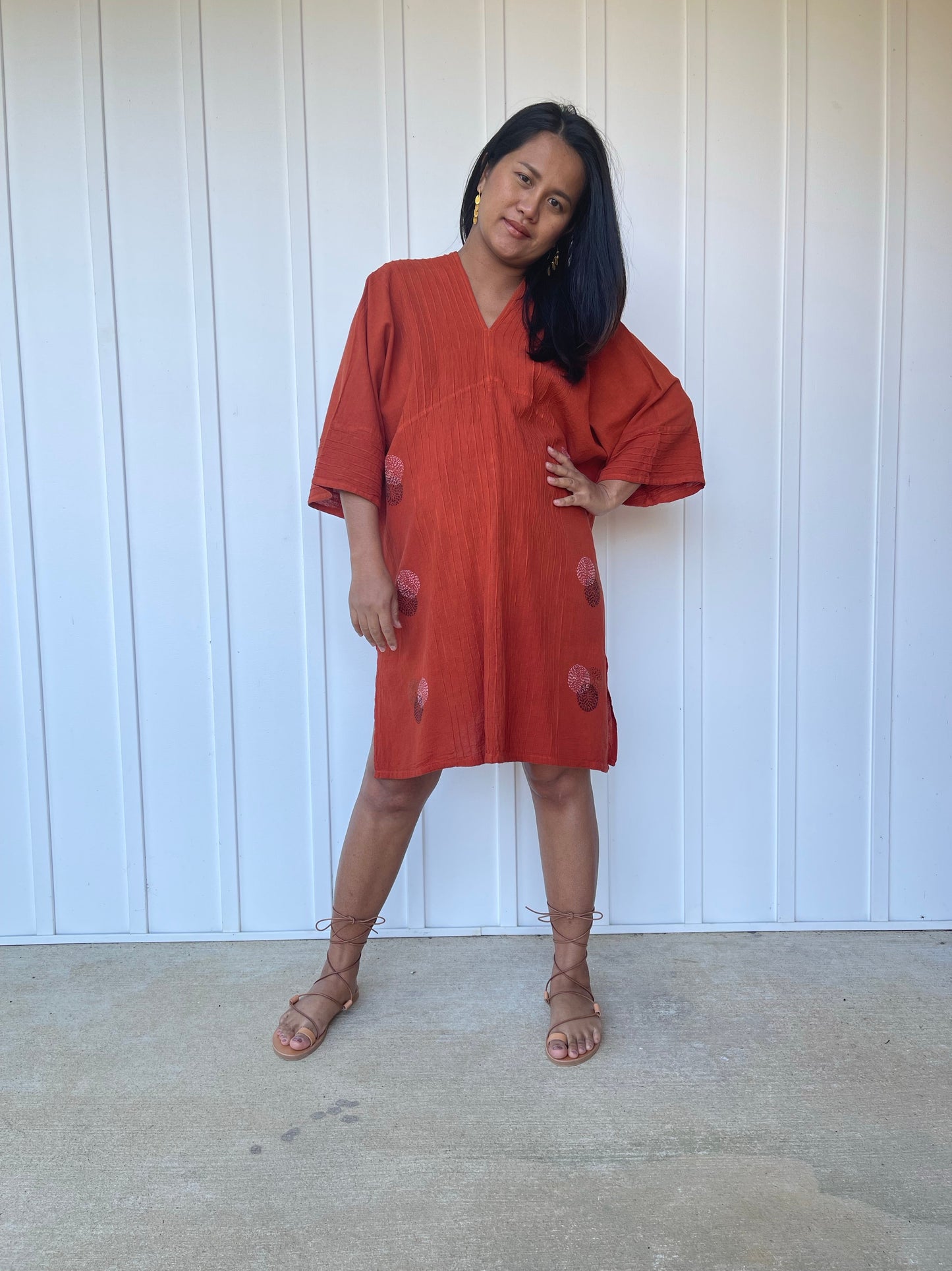 MALA handworks Miyu Midi Dress in Rust Orange and Hand Embroidery