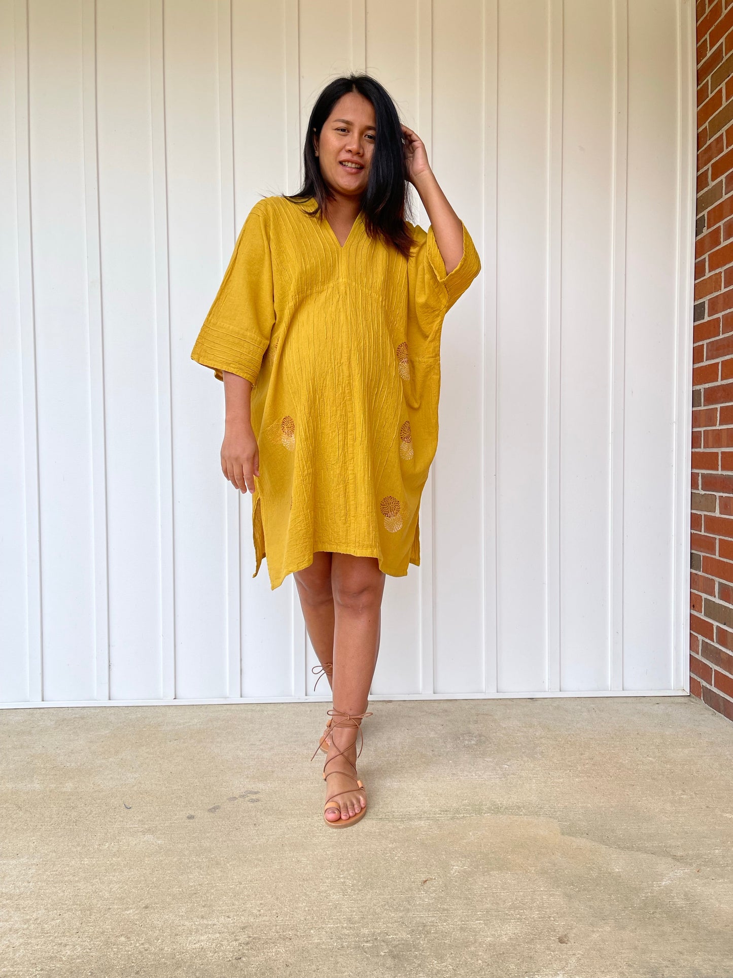 MALA handworks Miyu Midi Dress in Yellow and Hand Embroidery