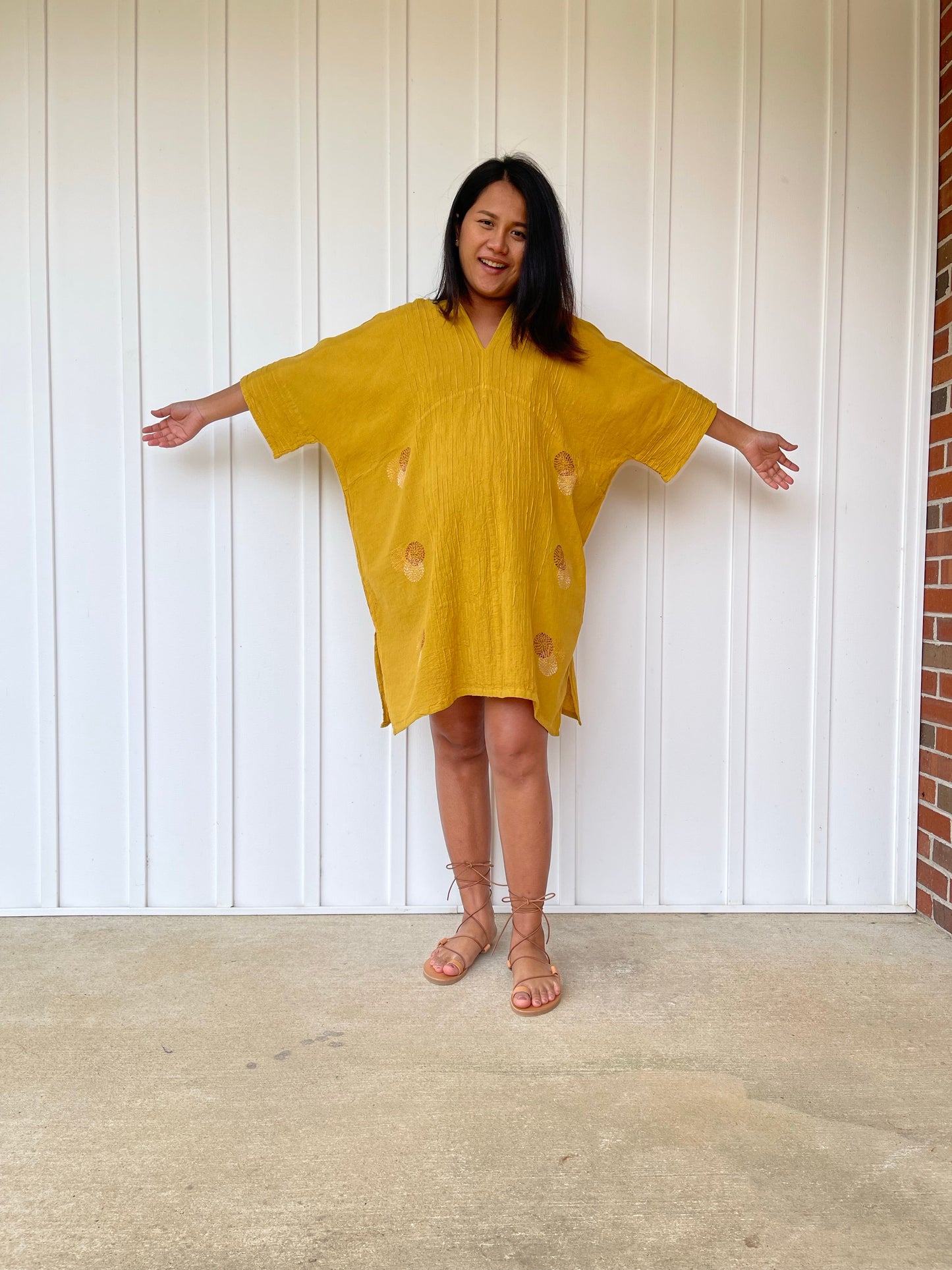 MALA handworks Miyu Midi Dress in Yellow and Hand Embroidery