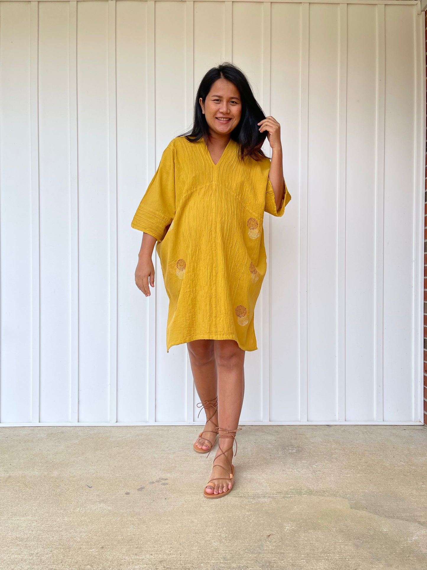 MALA handworks Miyu Midi Dress in Yellow and Hand Embroidery