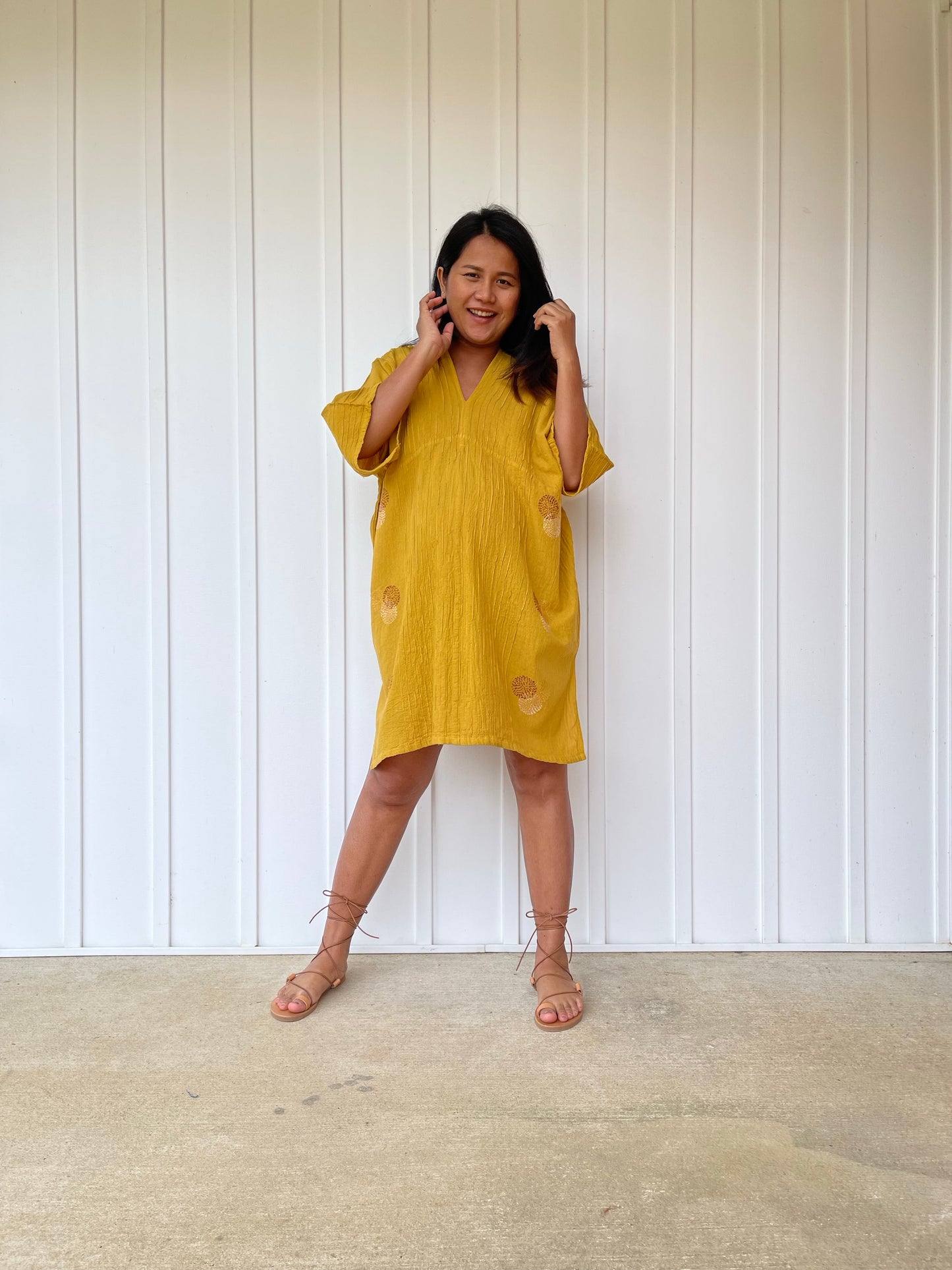 MALA handworks Miyu Midi Dress in Yellow and Hand Embroidery