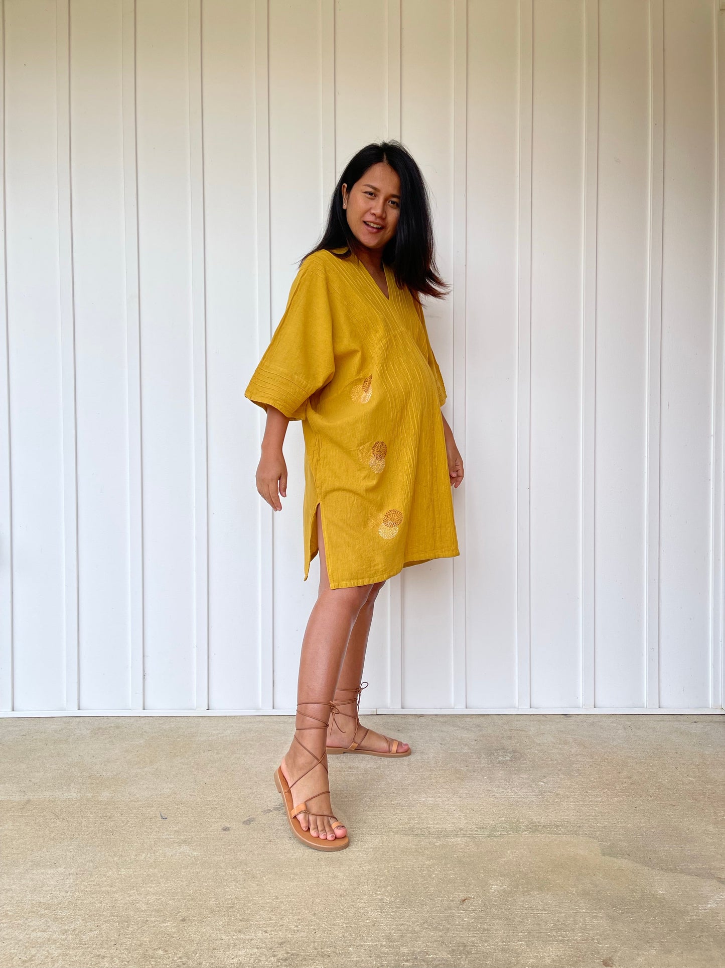 MALA handworks Miyu Midi Dress in Yellow and Hand Embroidery