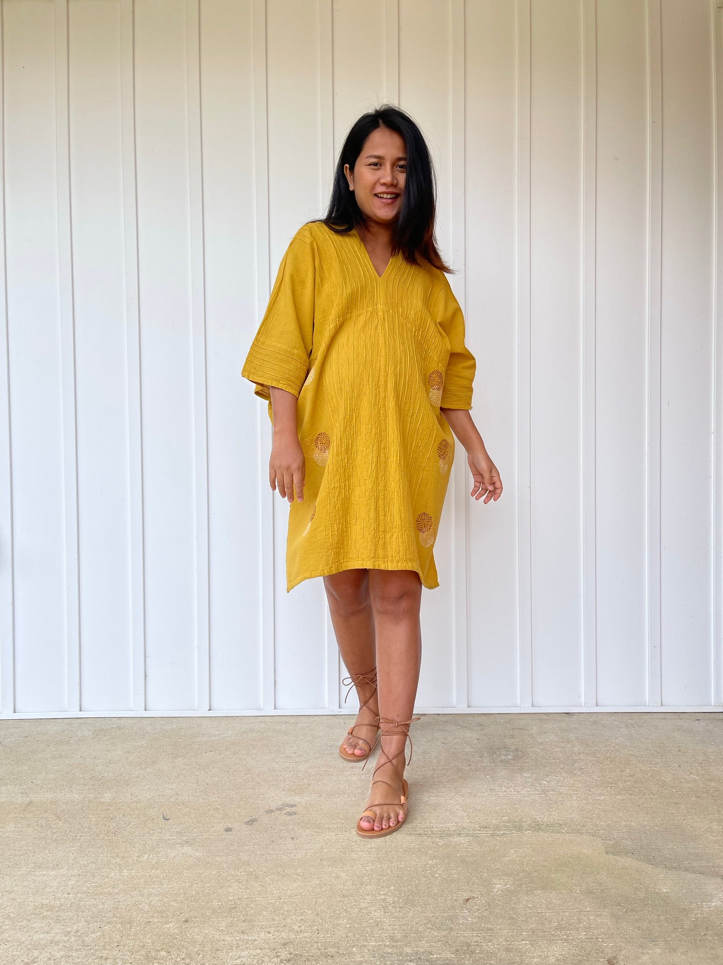 MALA handworks Miyu Midi Dress in Yellow and Hand Embroidery