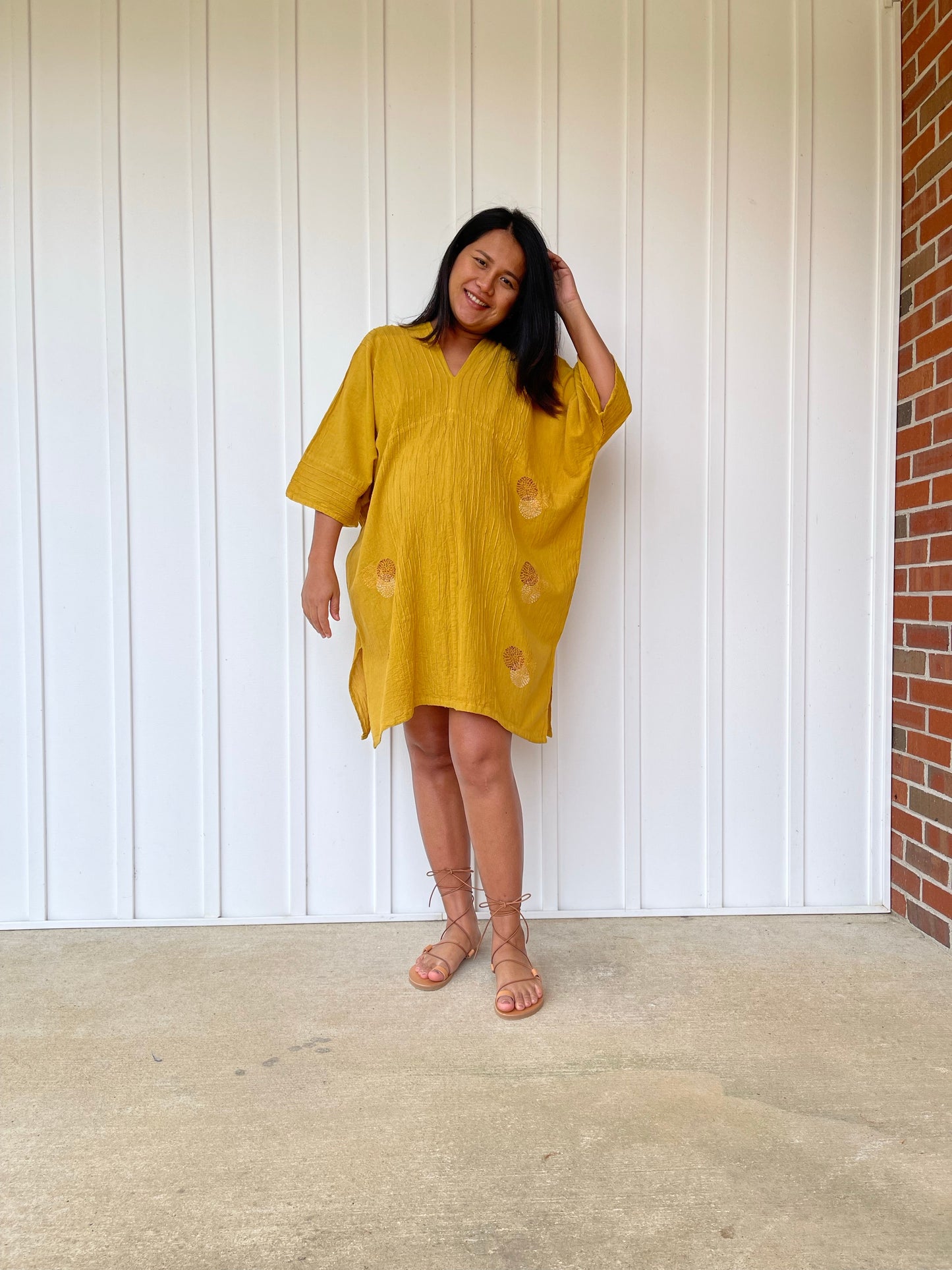 MALA handworks Miyu Midi Dress in Yellow and Hand Embroidery