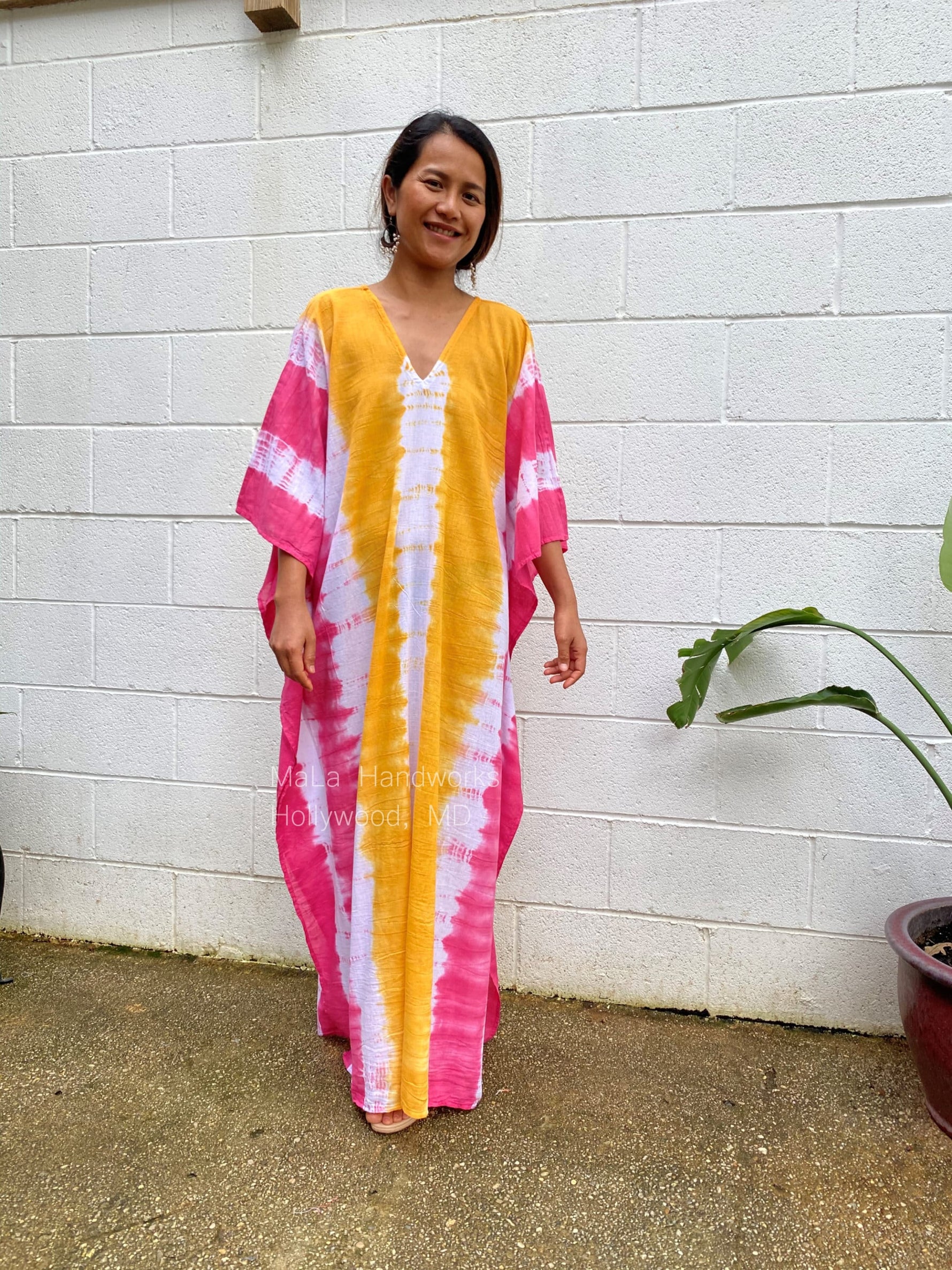 MALA handworks Oba Kaftan in White and Orange Yellow Tie Dye