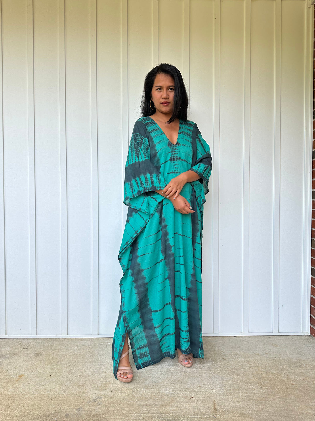 MALA handworks Olena semi sheer Kaftan in Green and Black Tie Dye