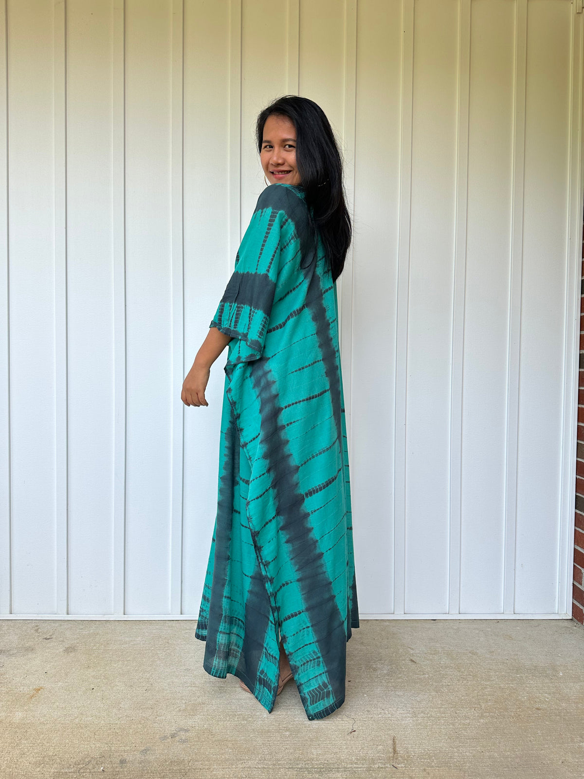 MALA handworks Olena semi sheer Kaftan in Green and Black Tie Dye