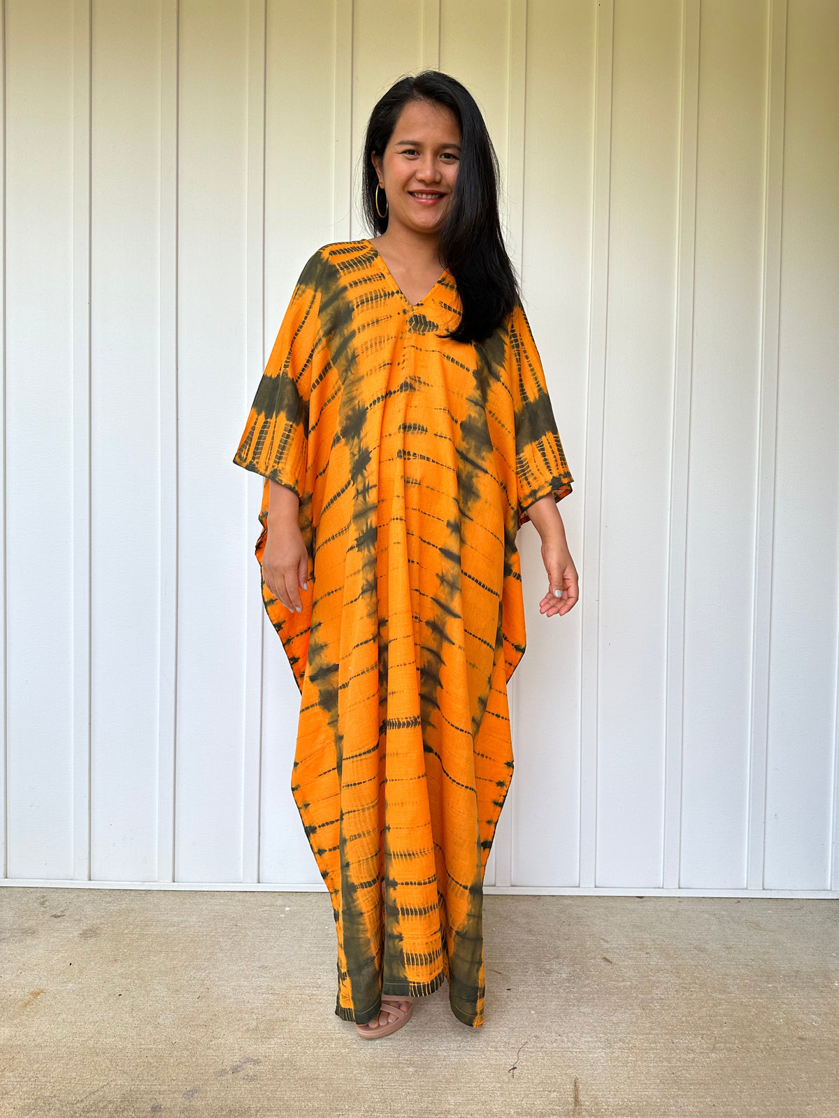 MALA handworks Olena semi sheer Kaftan in Light Orange and Black Tie Dye