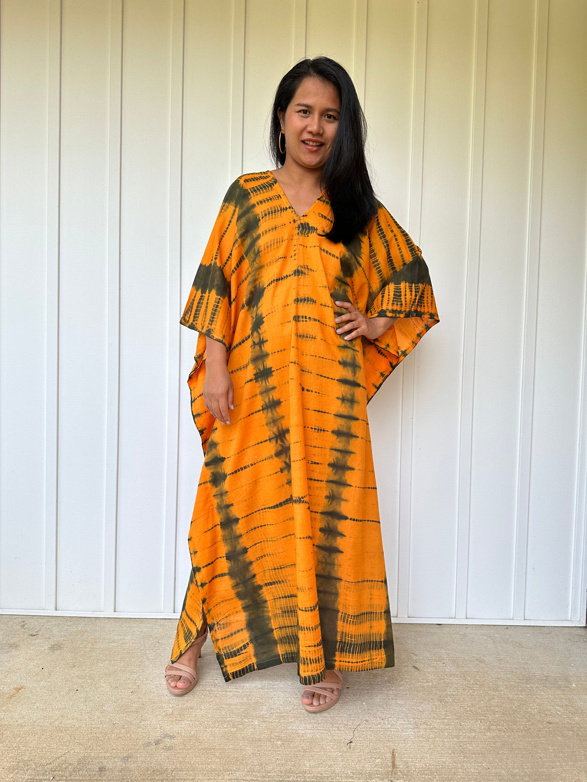 MALA handworks Olena semi sheer Kaftan in Light Orange and Black Tie Dye
