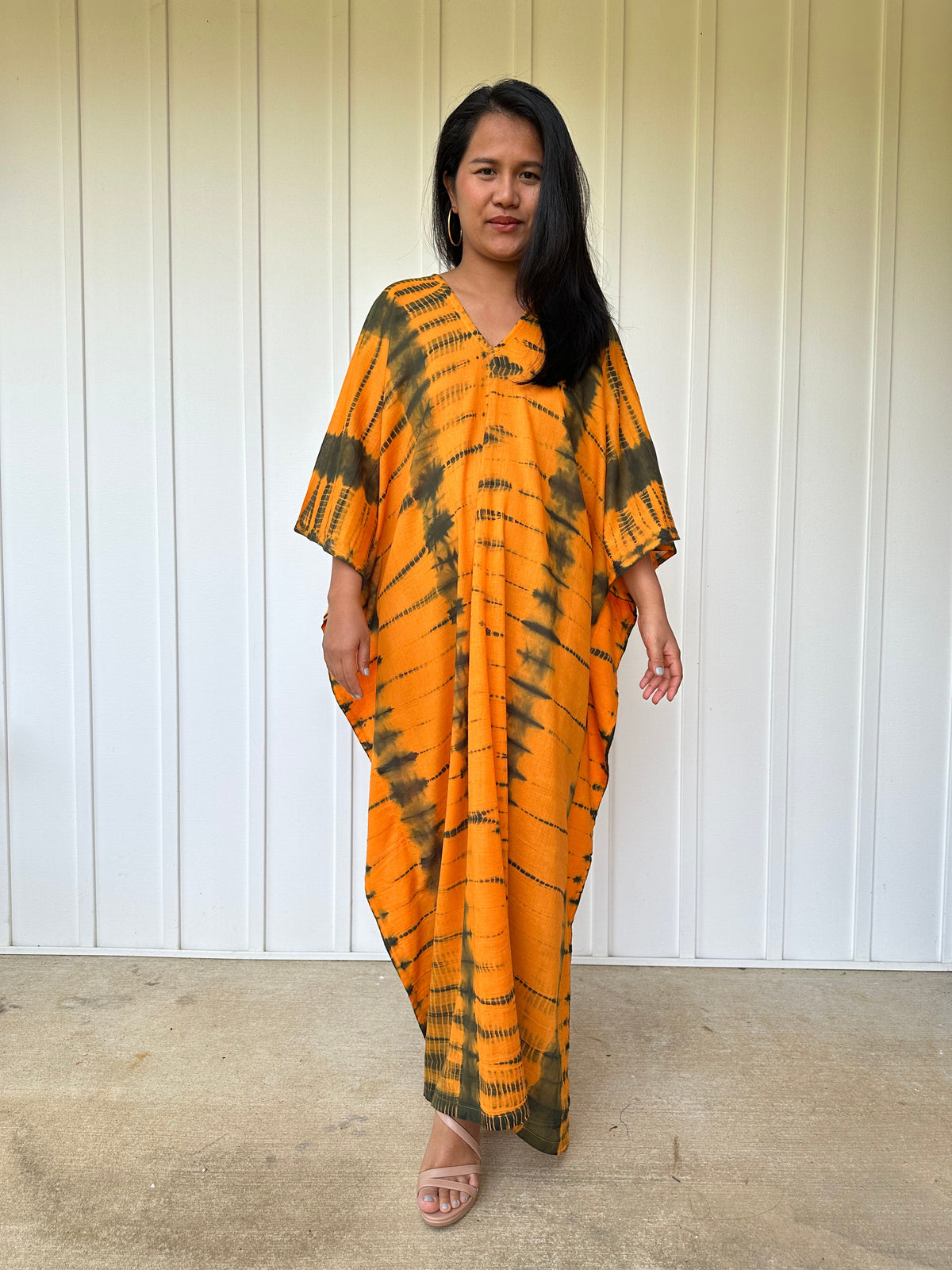 MALA handworks Olena semi sheer Kaftan in Light Orange and Black Tie Dye