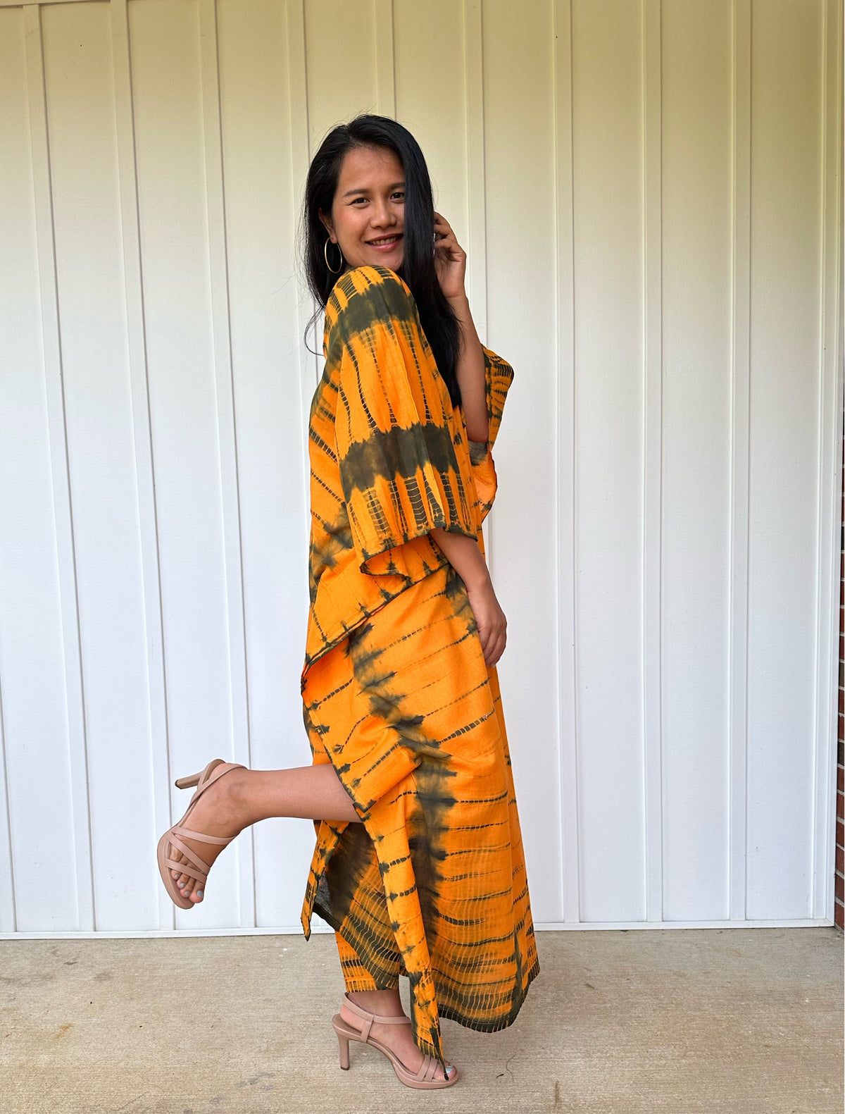 MALA handworks Olena semi sheer Kaftan in Light Orange and Black Tie Dye