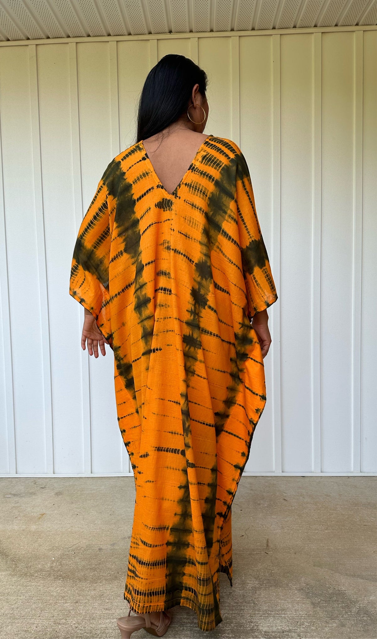 MALA handworks Olena semi sheer Kaftan in Light Orange and Black Tie Dye