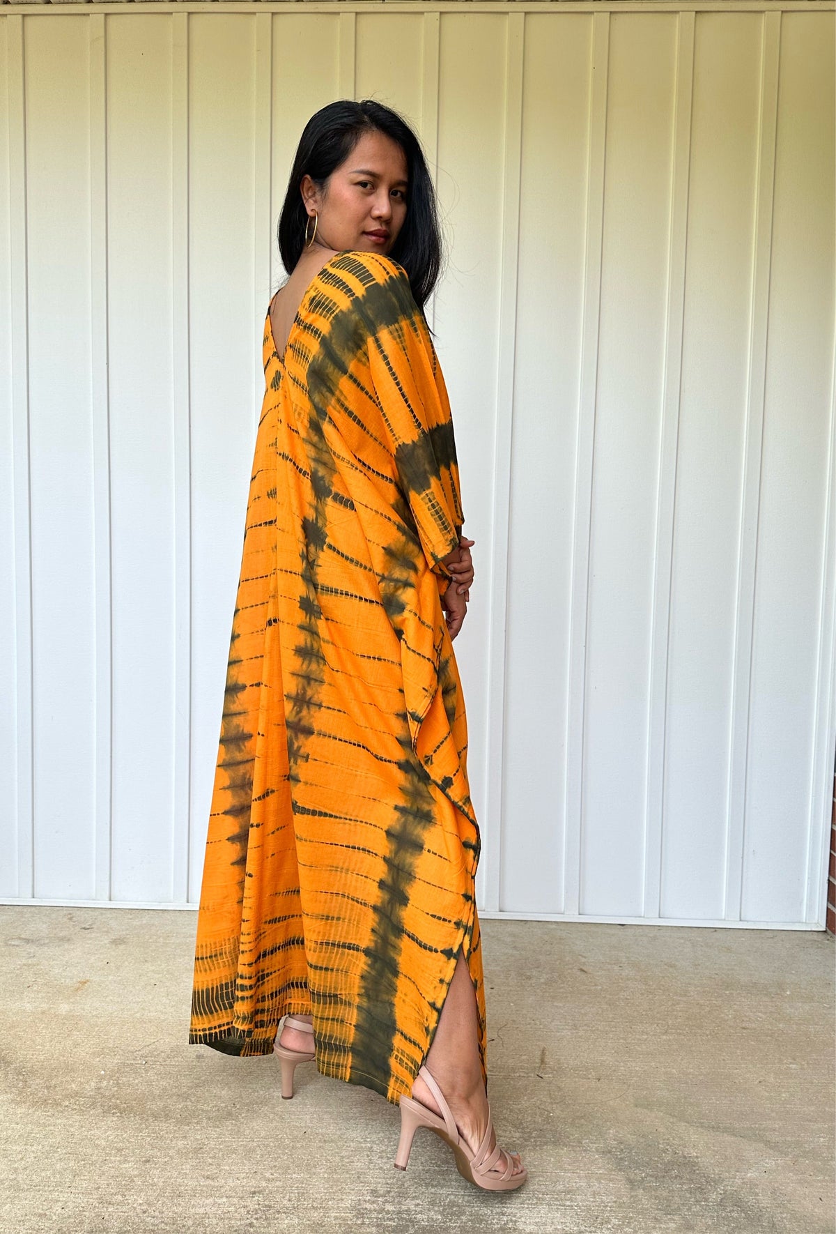MALA handworks Olena semi sheer Kaftan in Light Orange and Black Tie Dye