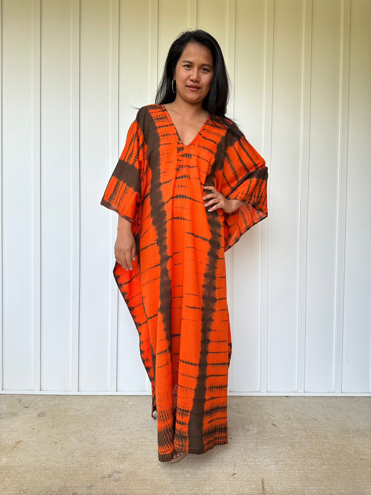 MALA handworks Olena semi sheer Kaftan in Orange and Black Tie Dye