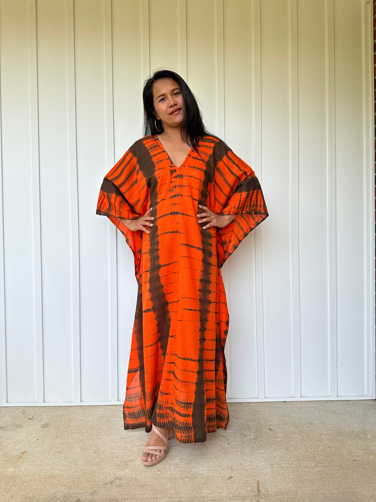 MALA handworks Olena semi sheer Kaftan in Orange and Black Tie Dye