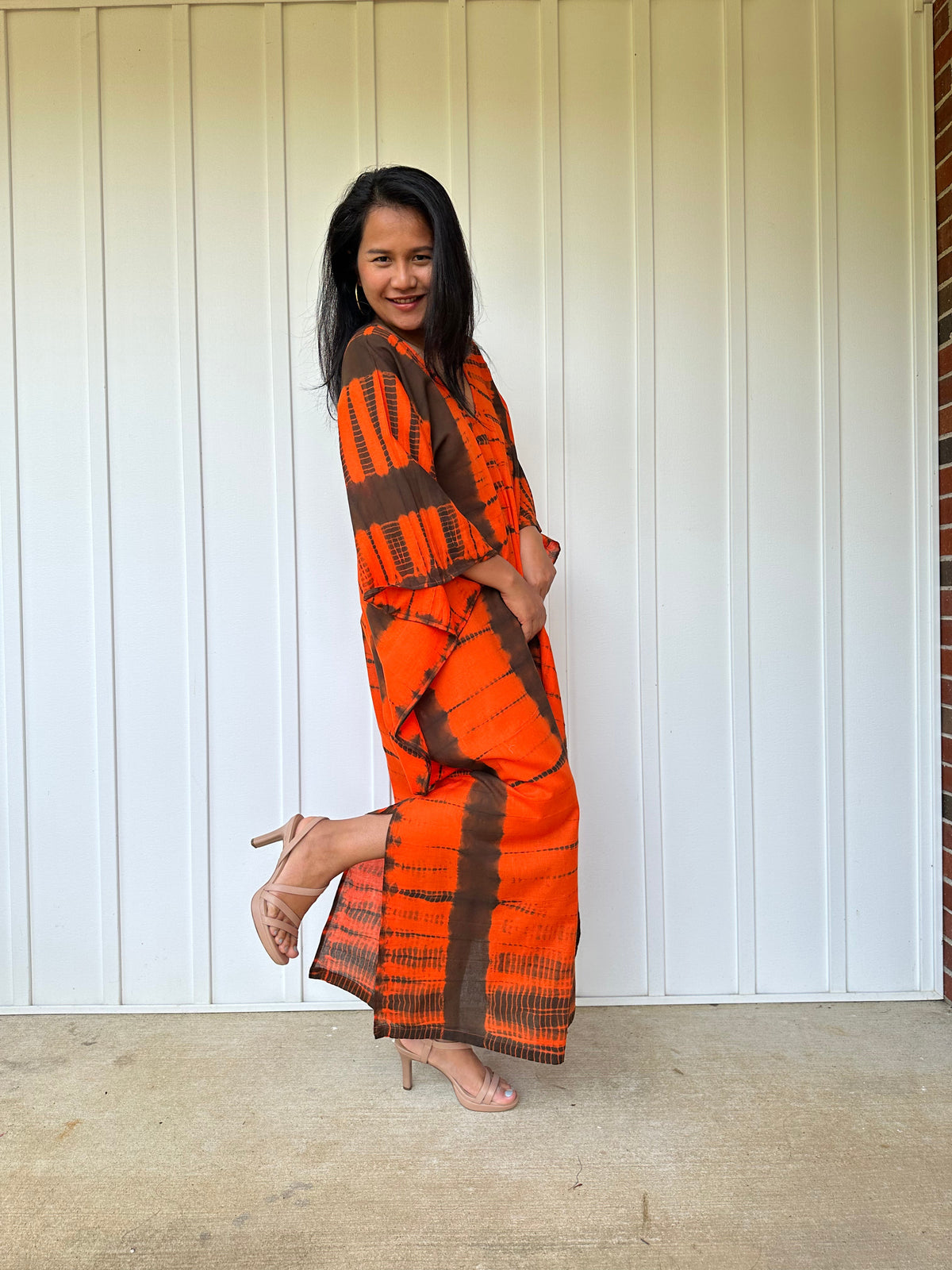 MALA handworks Olena semi sheer Kaftan in Orange and Black Tie Dye