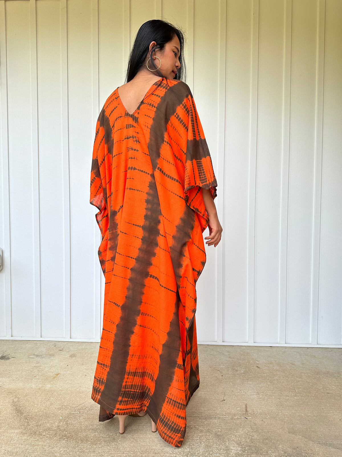 MALA handworks Olena semi sheer Kaftan in Orange and Black Tie Dye