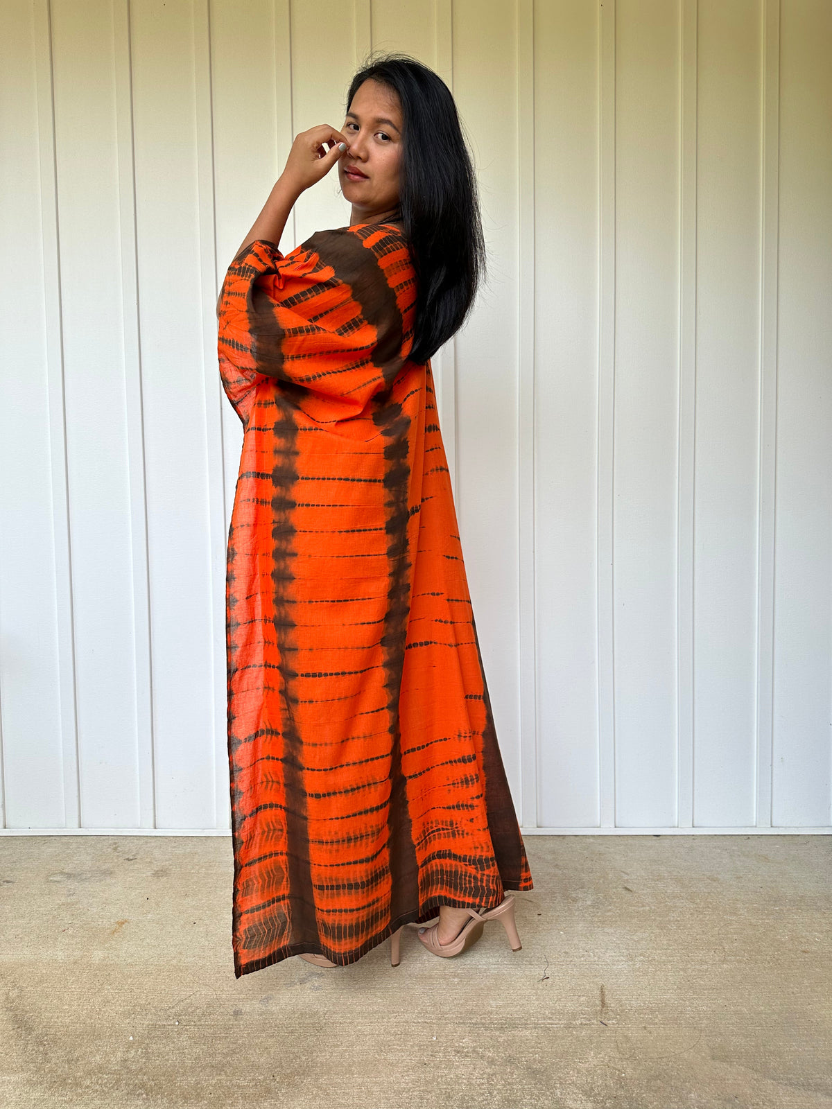 MALA handworks Olena semi sheer Kaftan in Orange and Black Tie Dye