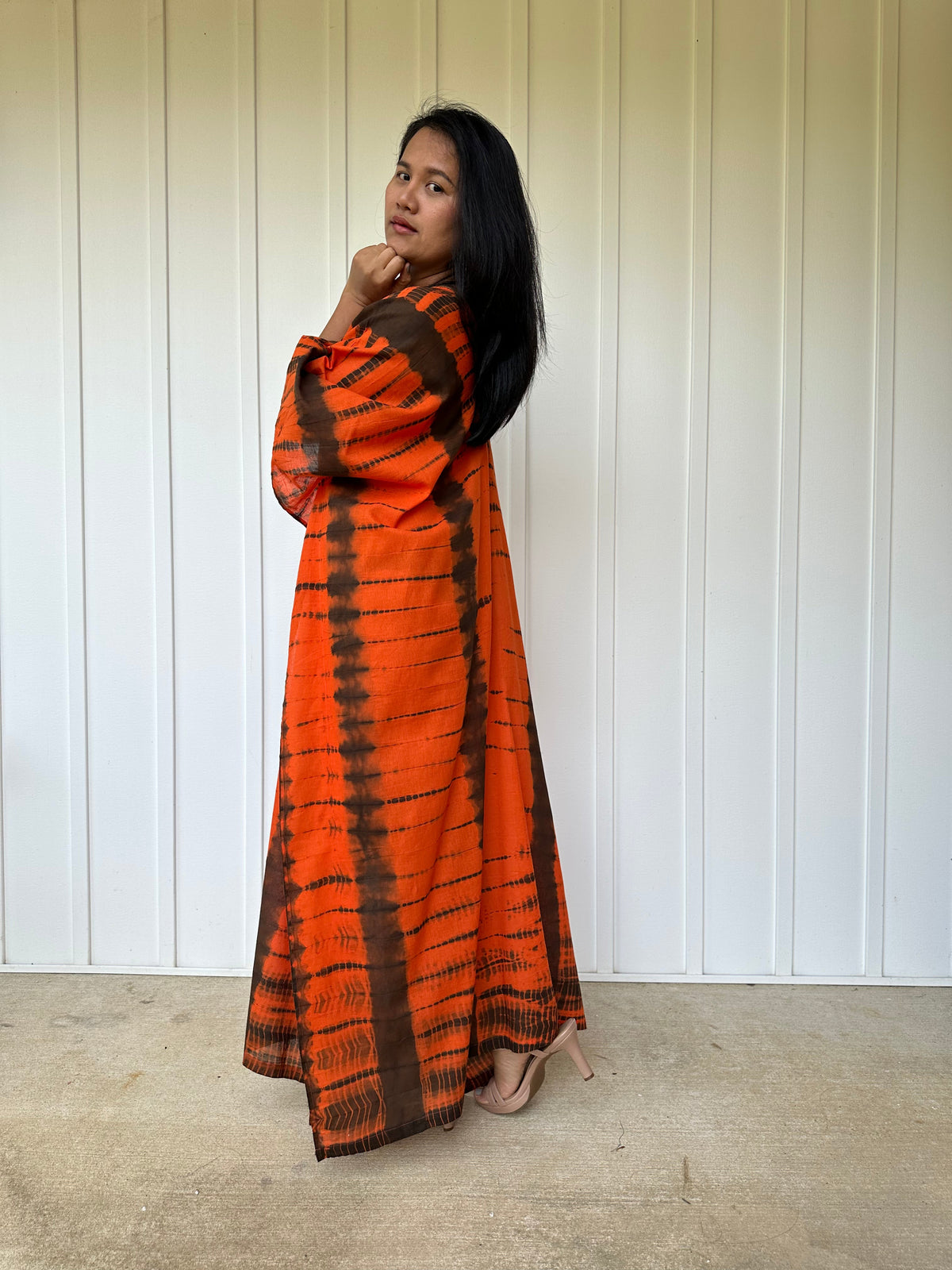 MALA handworks Olena semi sheer Kaftan in Orange and Black Tie Dye
