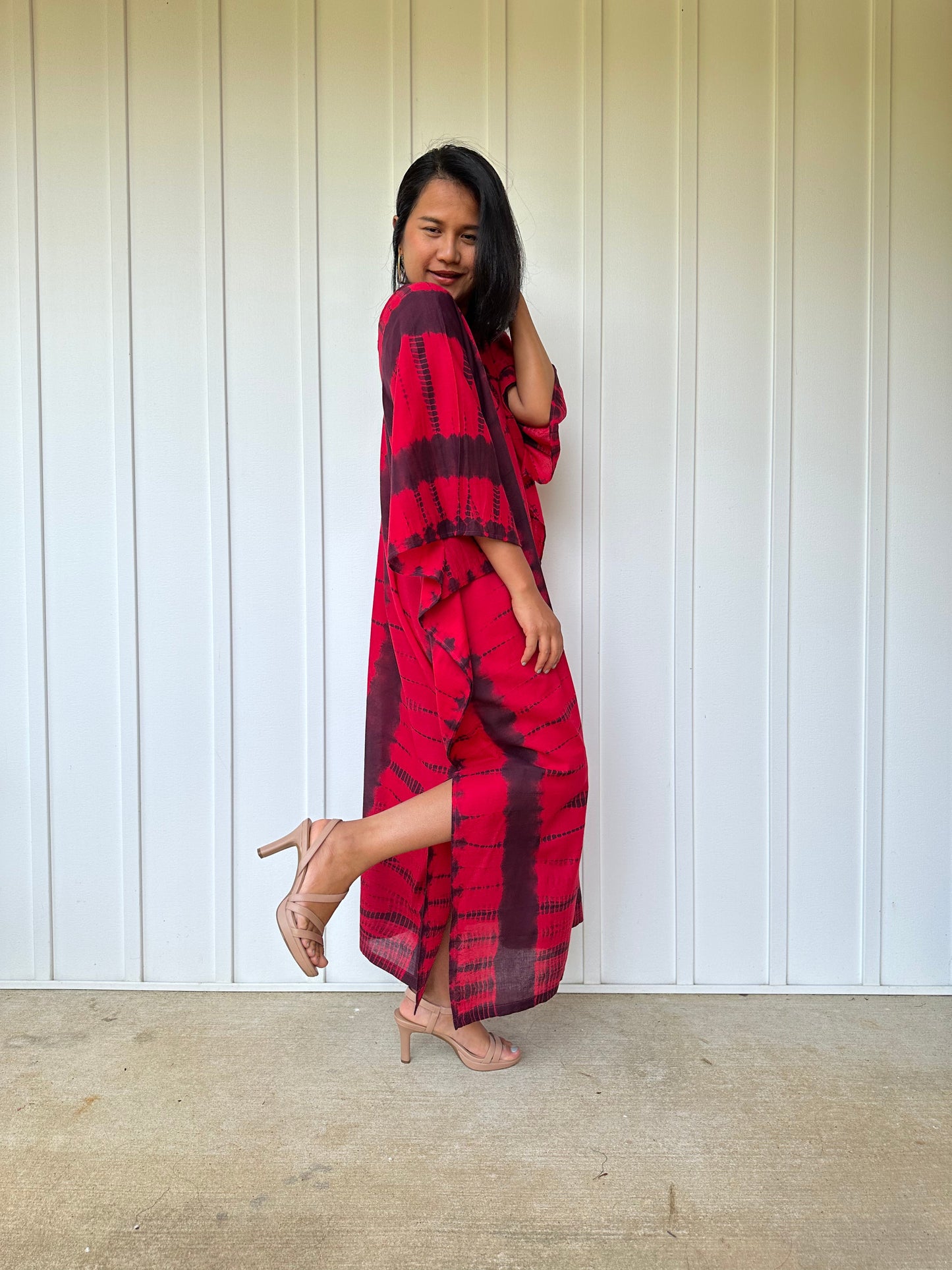 MALA handworks Olena semi sheer Kaftan in Red and Black Tie Dye