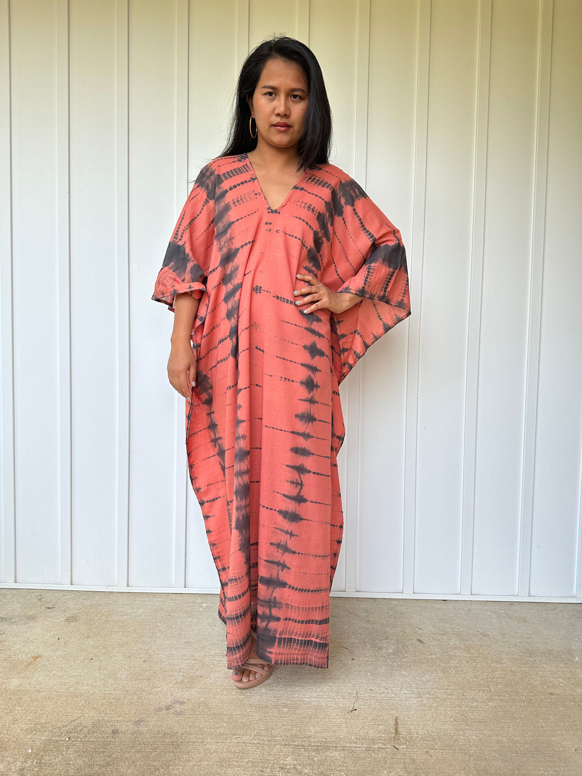 MALA handworks Olena semi sheer Kaftan in Salmon Pink and Black Tie Dye