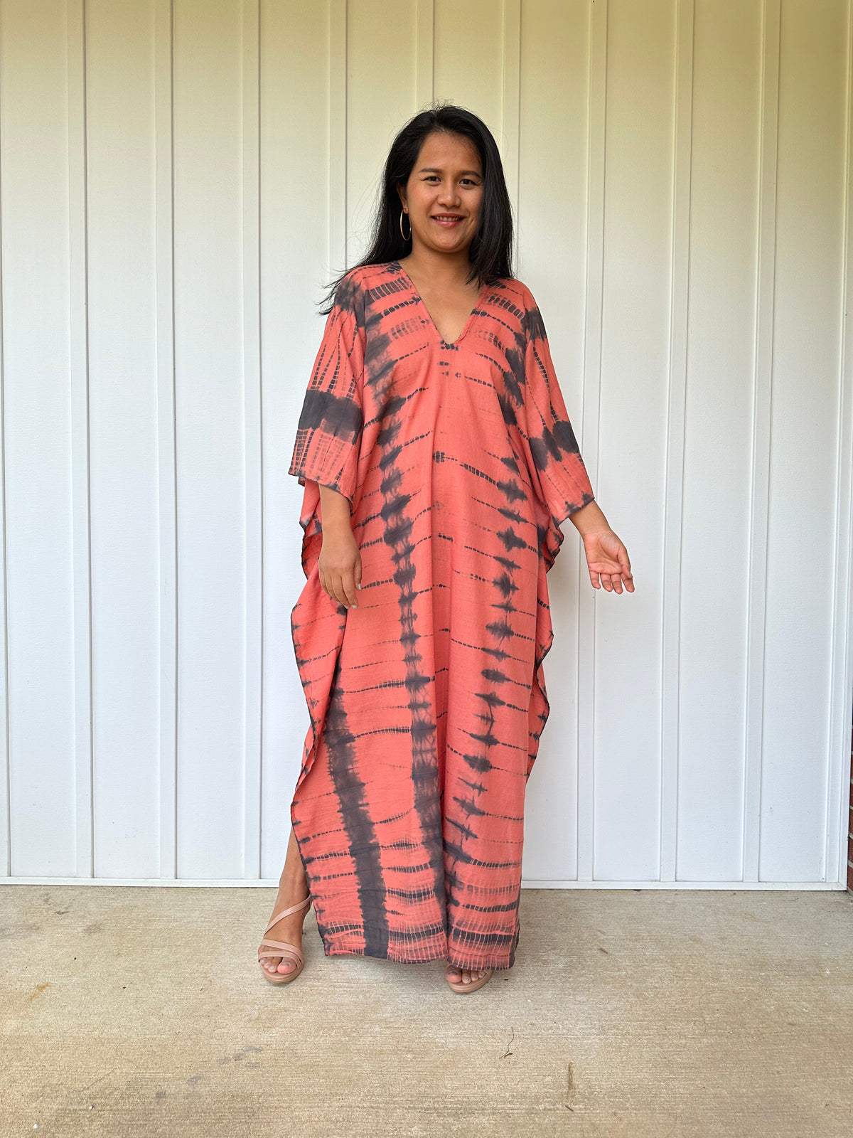 MALA handworks Olena semi sheer Kaftan in Salmon Pink and Black Tie Dye