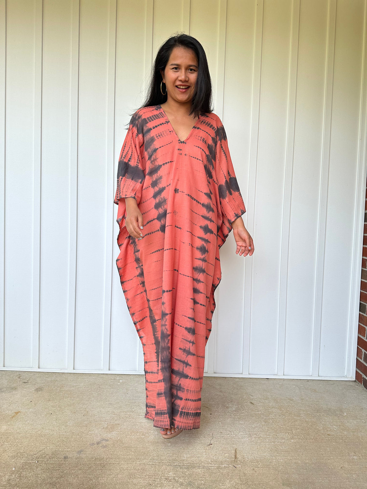 MALA handworks Olena semi sheer Kaftan in Salmon Pink and Black Tie Dye