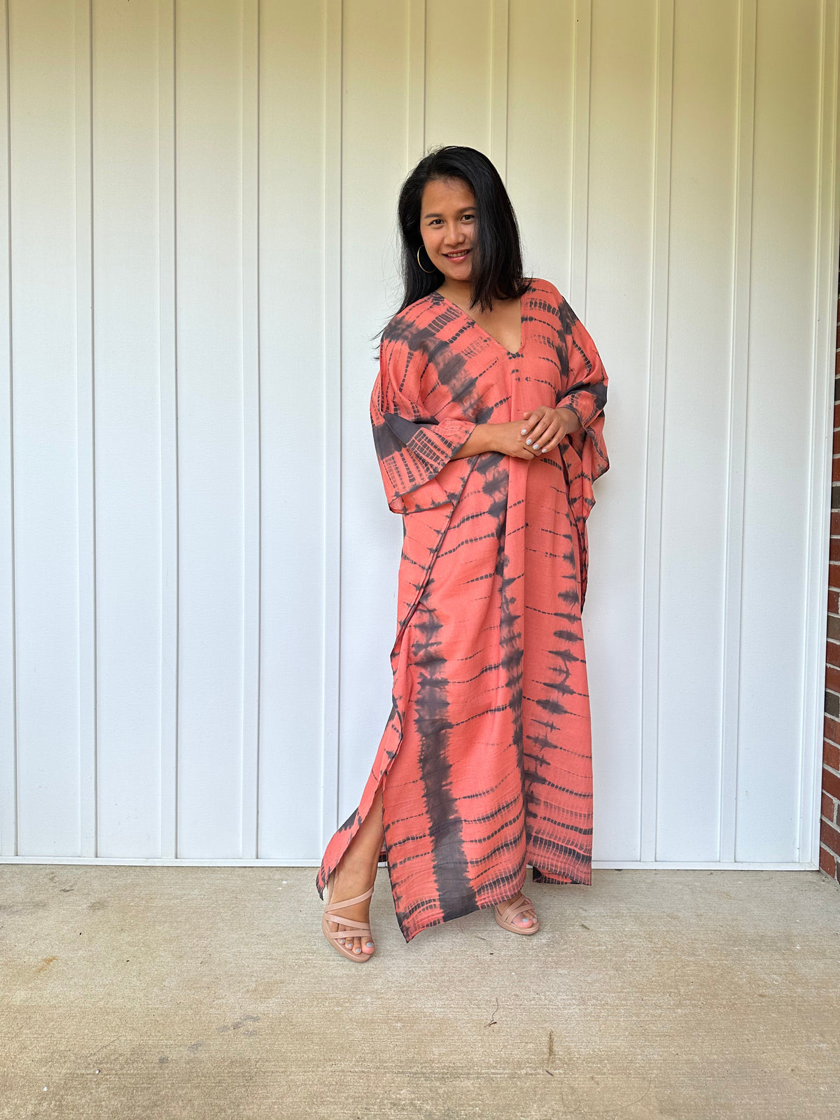 MALA handworks Olena semi sheer Kaftan in Salmon Pink and Black Tie Dye