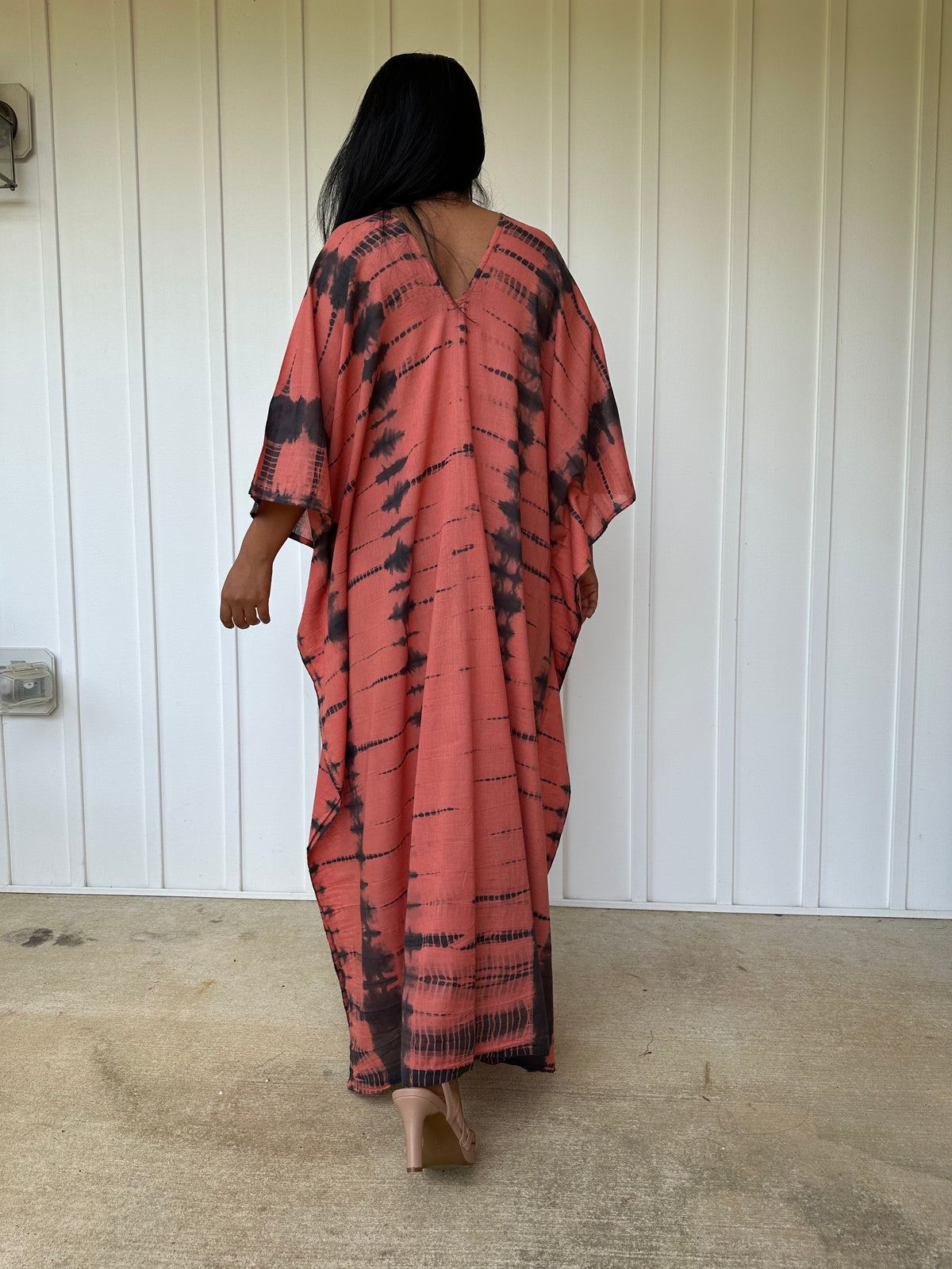 MALA handworks Olena semi sheer Kaftan in Salmon Pink and Black Tie Dye