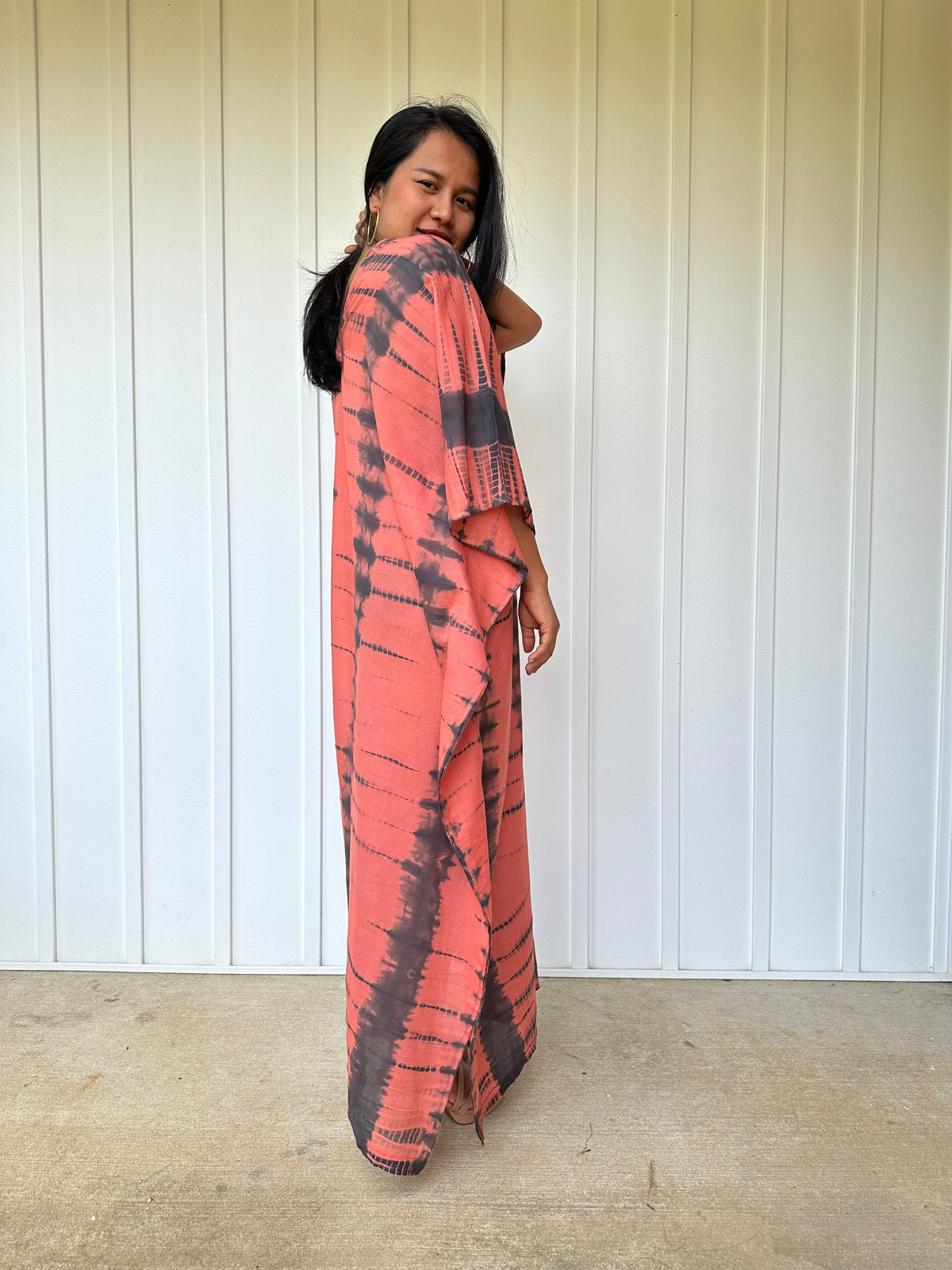MALA handworks Olena semi sheer Kaftan in Salmon Pink and Black Tie Dye
