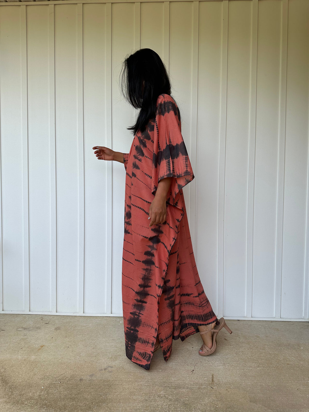 MALA handworks Olena semi sheer Kaftan in Salmon Pink and Black Tie Dye