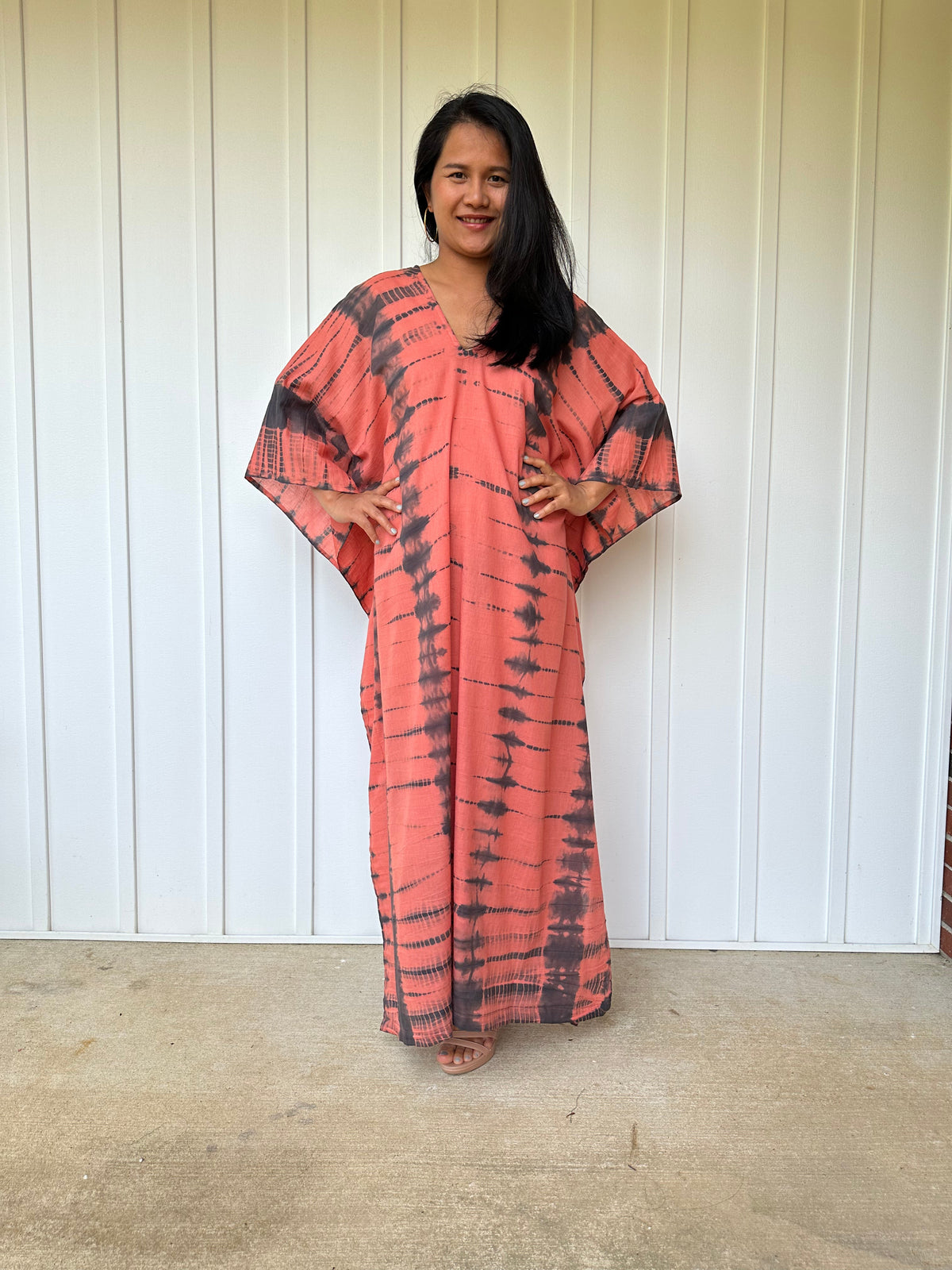 MALA handworks Olena semi sheer Kaftan in Salmon Pink and Black Tie Dye