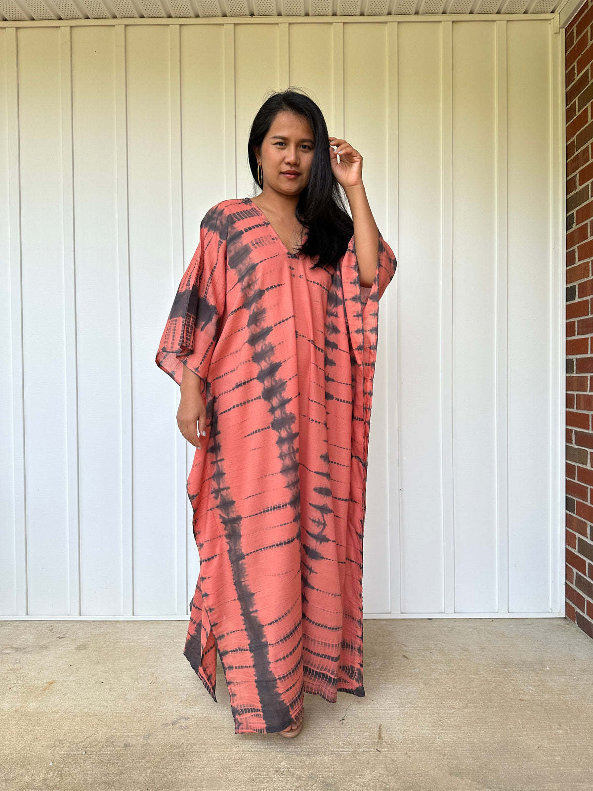 MALA handworks Olena semi sheer Kaftan in Salmon Pink and Black Tie Dye