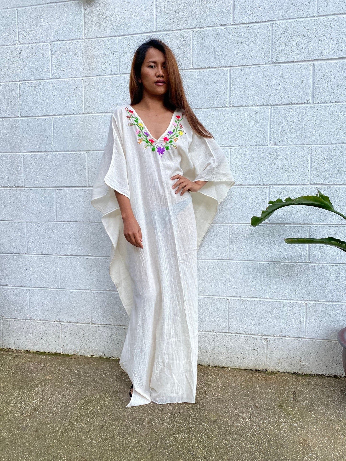 MALA handworks Olena semi sheer Kaftan in White and Floral Hand Embroidery